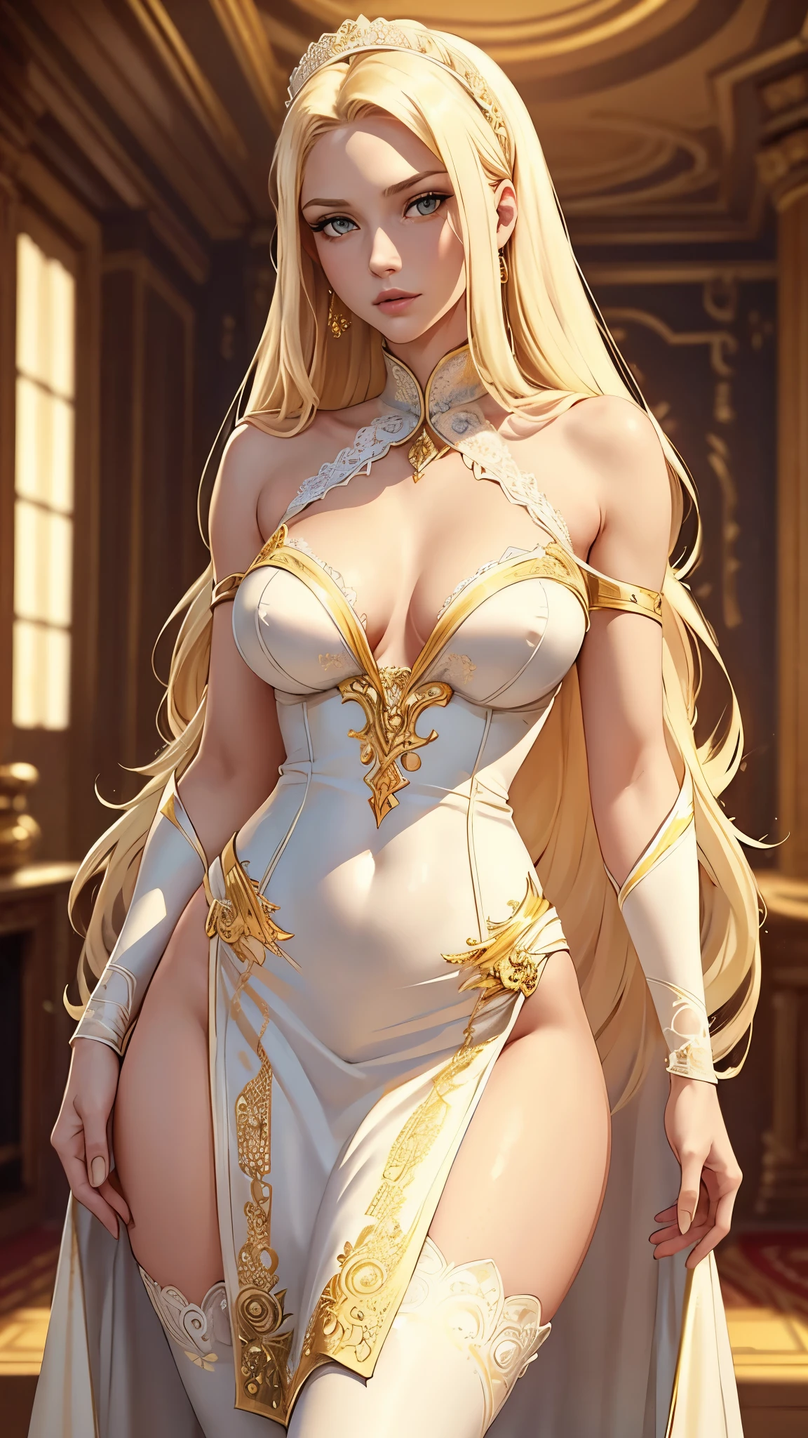 a 30 year old sexy queen, tall with very long and bright blonde hair, vibrant yellow eyes, wearing a delicate long white royal dress with lace and gold details, well-defined body with sexy curves, ((elegant and confident pose)), ((soft and highly detailed face)), ((clear and delicate porcelain skin)), ((small breasts)), slim waist, wide hips, large buttocks, ((traditional dress))