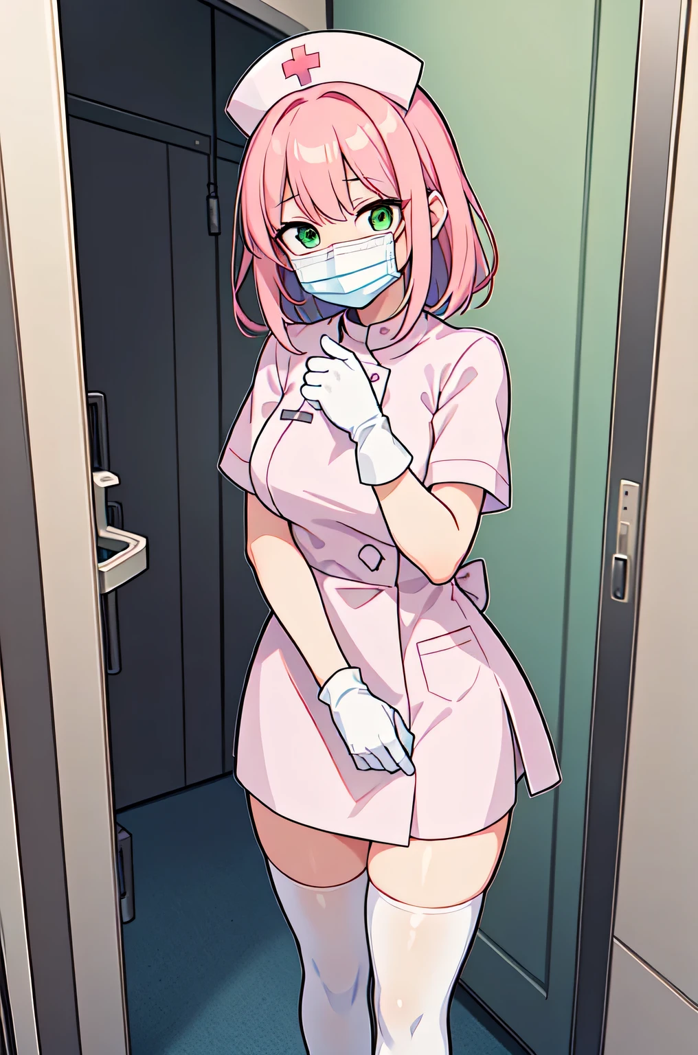 1girl, solo, nurse, white nurse cap, white nurse uniform, ((white legwear, zettai ryouiki)), white gloves, pink hair, green eyes, drooping eyes, ((white surgical mask, covered nose)), standing, ((hospital room)), sharp outline, short sleeves, best quality, masterpiece
