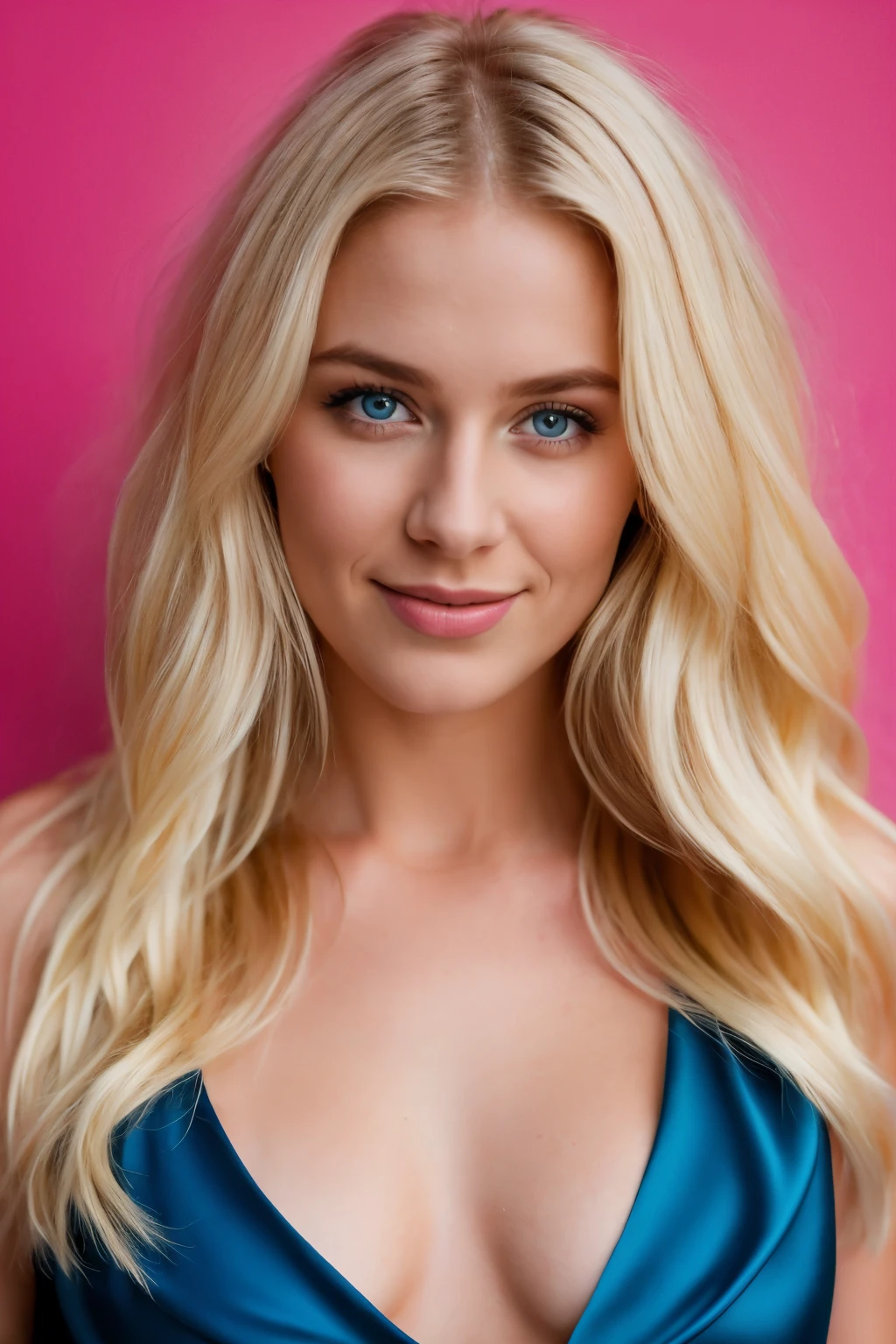 Create a stunning image showcasing the vibrant personality and confidence of a 20-year-old blond woman against a pink backdrop that complements her features, she has natural breasts, she has vibrant blue eyes, she is wearing a beautiful blue cowl dress with a plunging neckline 