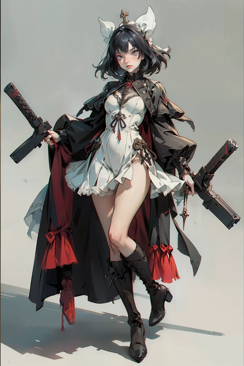 ((best quality)), ((masterpiece)), (detailed), blank white background, plain background, white background, red and white clothing, Bloodborne aesthetic, occult aesthetic, occult, occult paraphernalia, detailed and intricate steampunk and detailed gothic, NSFW, Very dramatic and cinematic lighting, cosmic horror, grim-dark, side-lighting, perfect face, NSFW, Fluttering lace flared dress with frilly petticoats, pleated petticoats, petticoats, complex lace boots, side-lighting, gothic aesthetic, wielding mighty mechanical melee weapons, mechanical components, carbine, NSFW, beautiful small breasts, small breasts, full body, whole body, body, plain background, white background, blank background, no background, white background NSFW, full body, whole body, head-to-toe dynamic poses NSFW