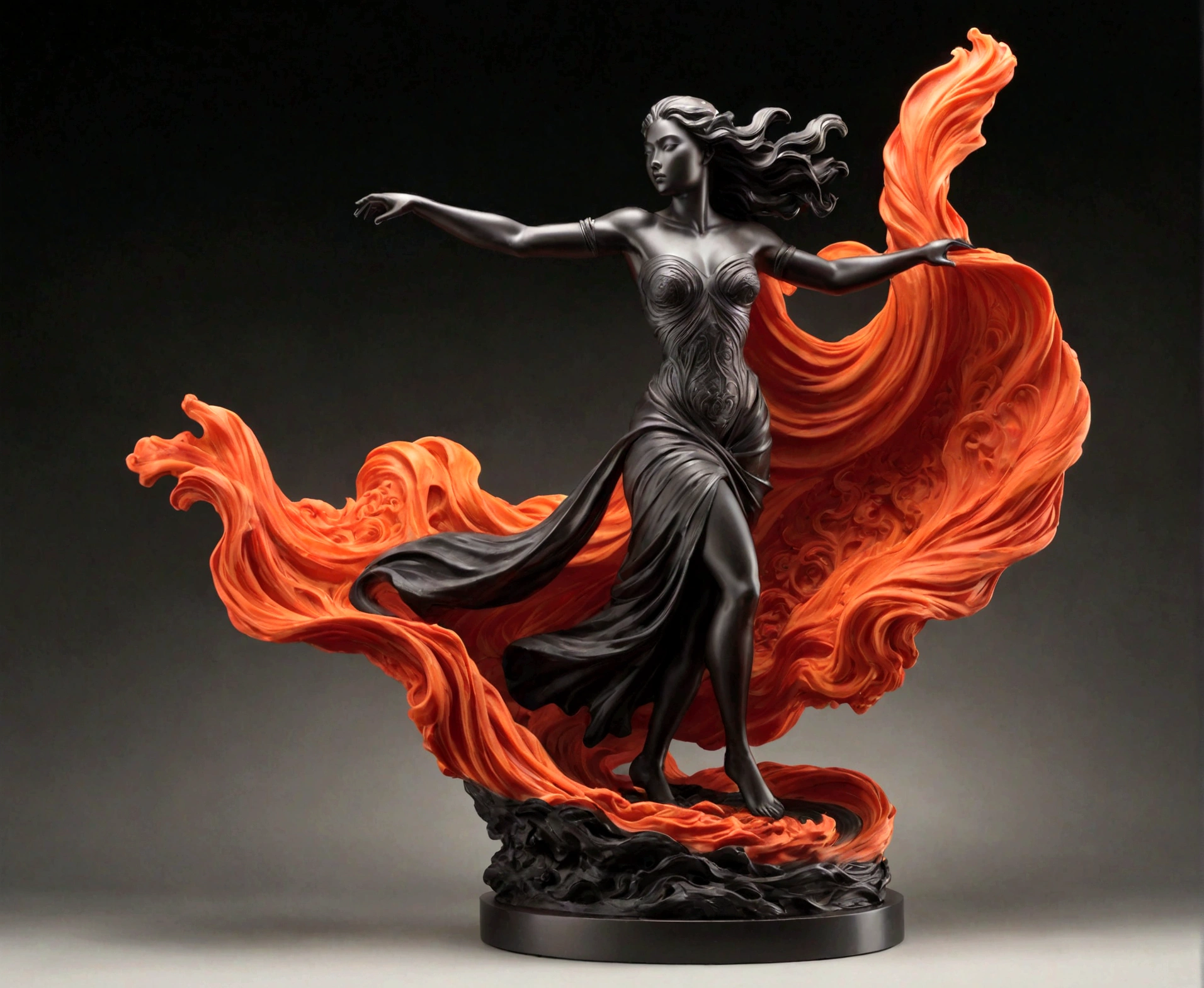 A beautifully sculpted and powerful lava representation of a woman in motion captures the essence of a renaissance masterpiece. The flowing robes and dynamic pose hint at grace and vigor frozen in time. This stunning sculpture, possibly a lava carving, exudes both elegance and strength, with intricate details that speak to the artist's skill and vision. The blend of classic beauty and fiery intensity makes this piece a true work of art.

