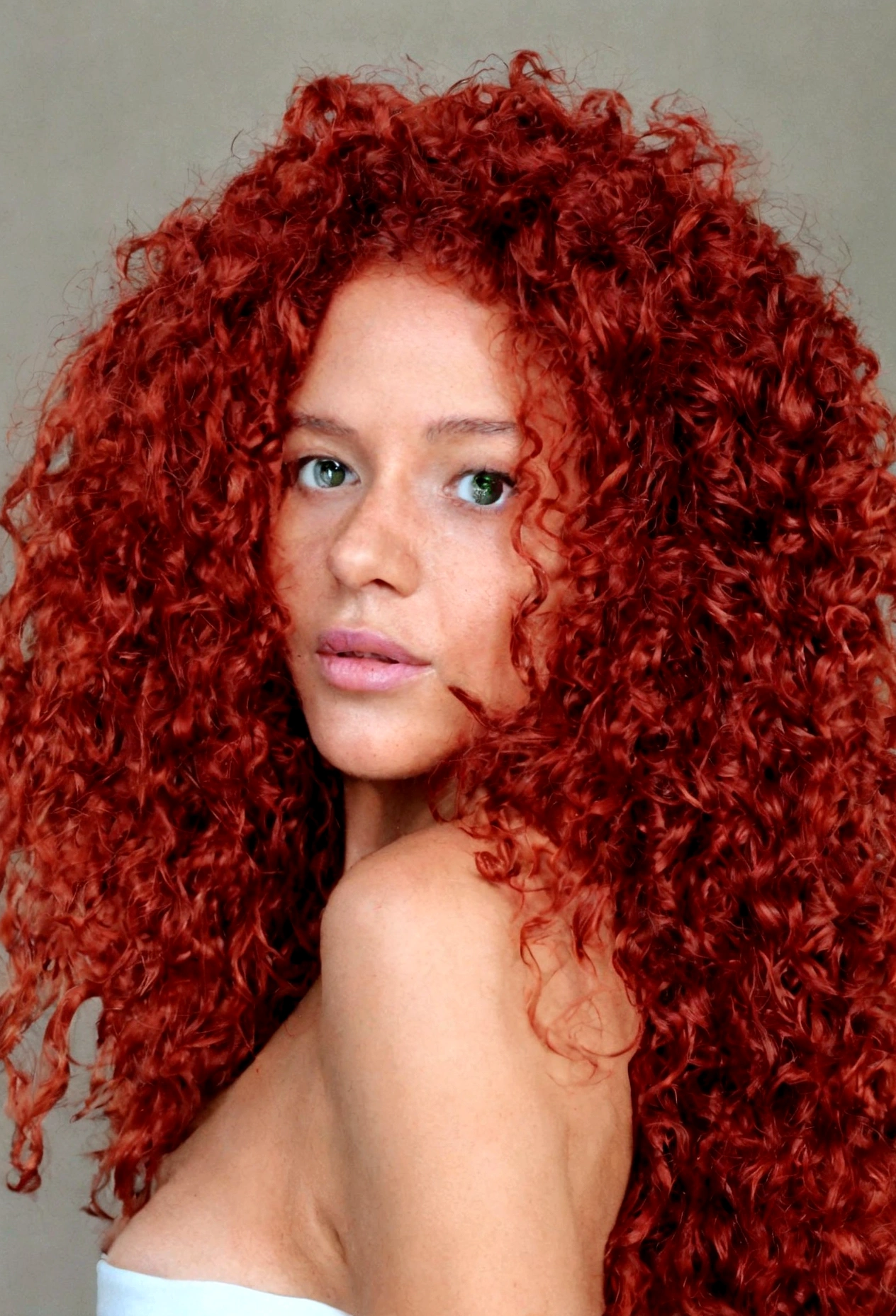 "Ultra-realistic image of a beautiful 20-year-old Afro-Latin girl,Caramel peel, corps parfait, maigre, taille ultra-fine, cheveux rouge, Curly and curly hair caribbean , piercing green eyes.hyper-realistic，anatomie correcte，Facial features are carefully represented，Boucles gratuites, curly red hair, (mi, curly red hair), Long curly wild red hair, cheveux multiversaux, cour, curly red hair, curly red hair, Boucles, wavy hair spread out, Boucles baroques, Boucles, Curly,Texture des cheveux, Curly bang, dents parfaites