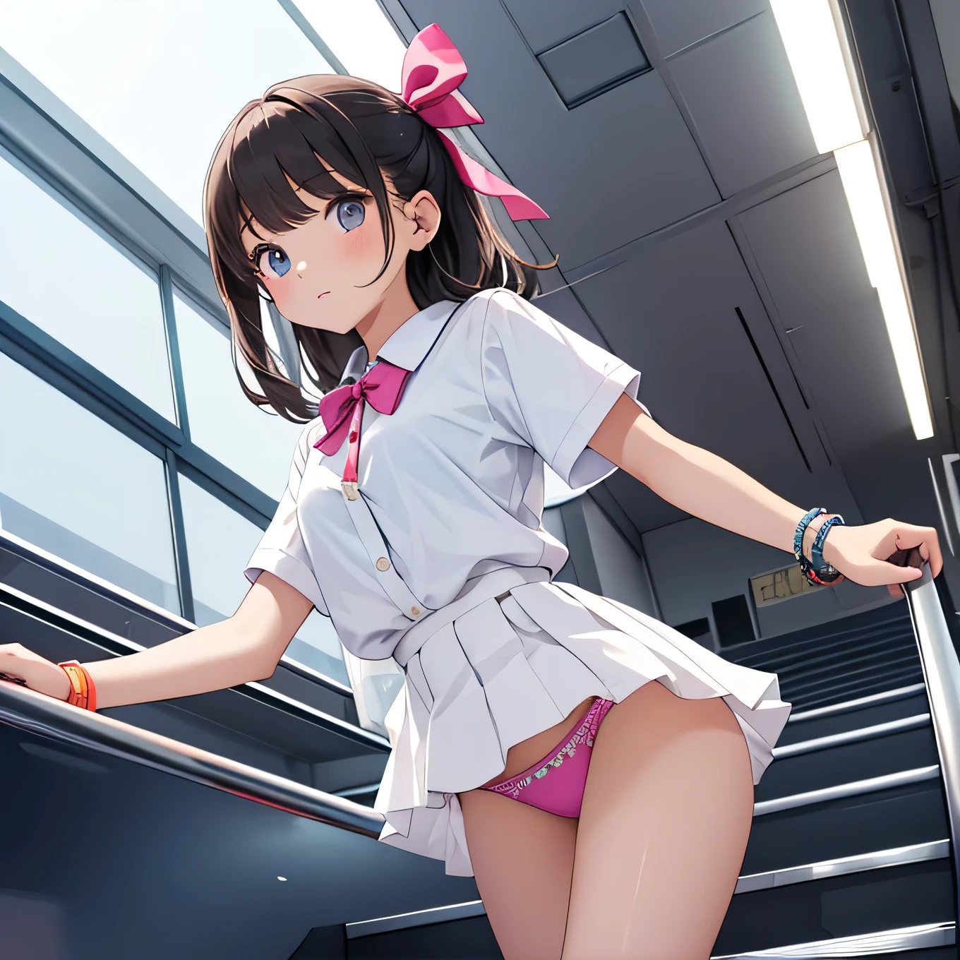 Micro Mini Skirt、Department store、girl、cute、escalator、(((panties)))、high school 、Bright Eyes、Underwear is visible、Panty shot、Angle from below、Fashionable blouses、Stylish hairstyle、ribbon、bracelet、Short sleeve、Vibrant