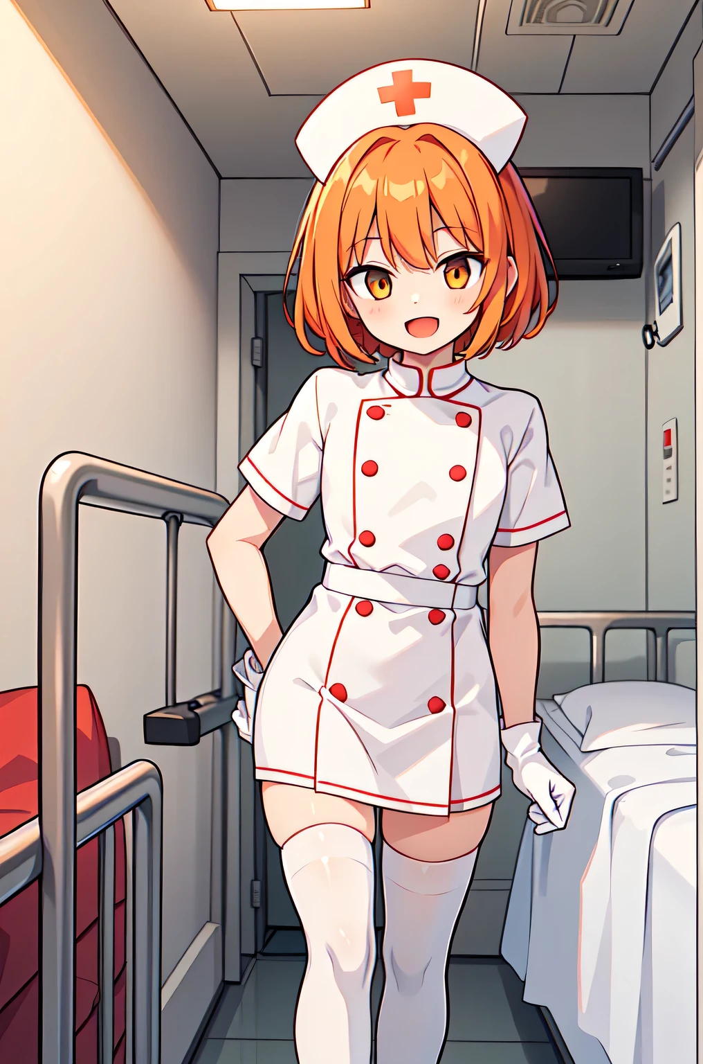 1boy, solo, male focus, nurse, white nurse cap, white nurse uniform, ((white legwear, zettai ryouiki)), white gloves, short hair, orange hair, smile, open mouth, standing, ((hospital room)), sharp outline, short sleeves, shota, , best quality, masterpiece
