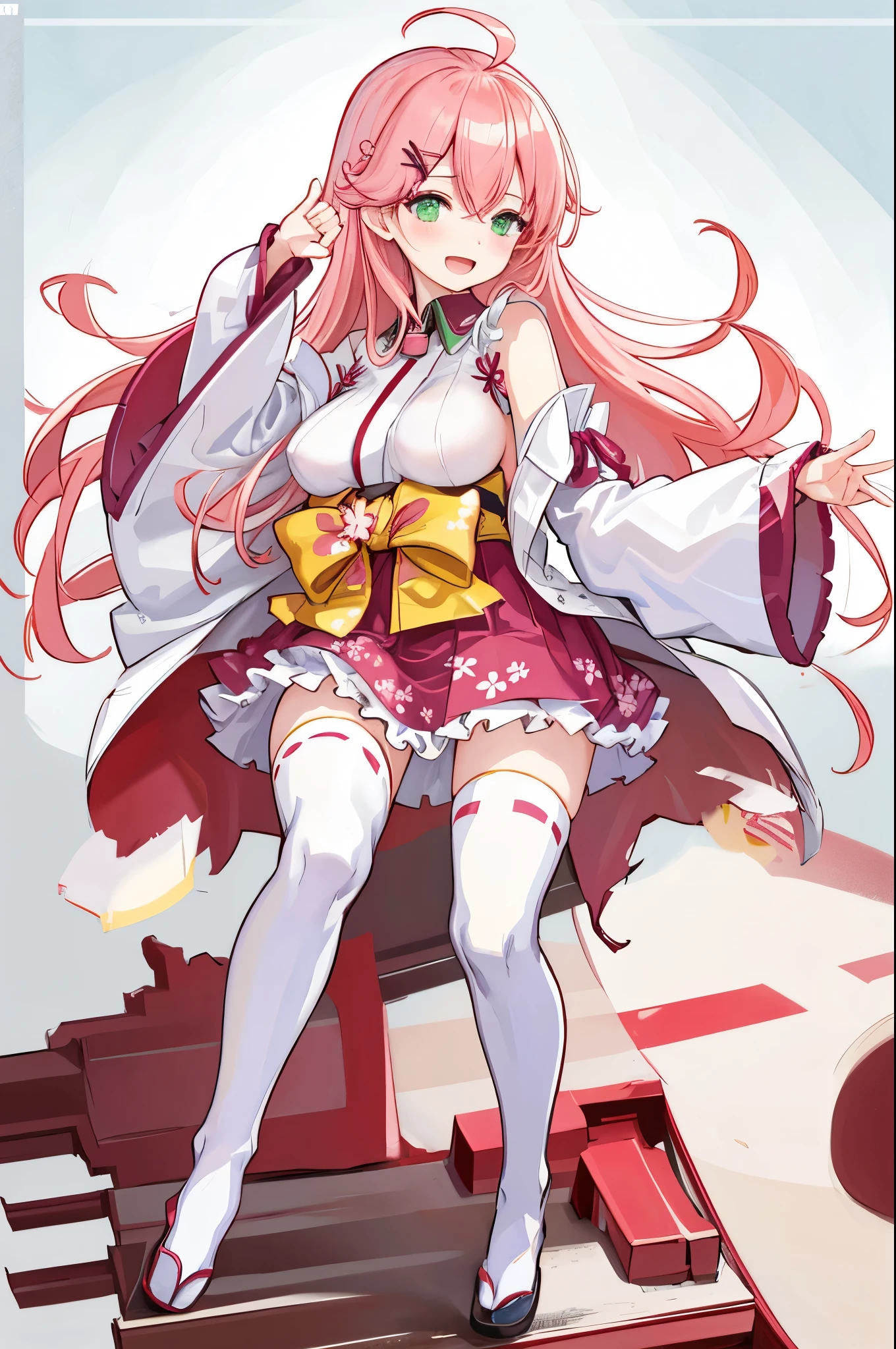 masterpiece, best quality, highres, sakura_miko, 1girl, (loli:1.3),medium_breasts, kimono, solo, ahoge, x_hair_ornament, pink_hair, floral print, hairclip,(side_less_clothes:1.3), (side_breasts:1.3), hair_bell, floral print, long_hair, hair between eyes, one side up, white_thighhighs, wide sleeves, open_mouth,(happy:1.3),green_eyes,smile,apart_legs,(overly_long_sleeves:1.3),),sleeves_past_wrists,hands_hidden_sleeves,sidelock_clothes,solo,hidden_wrists,(XD:1.5),covered_nipples,sunlight,(bare_flank:1.3),boots,open_mouth,kimono,close_eyes,.