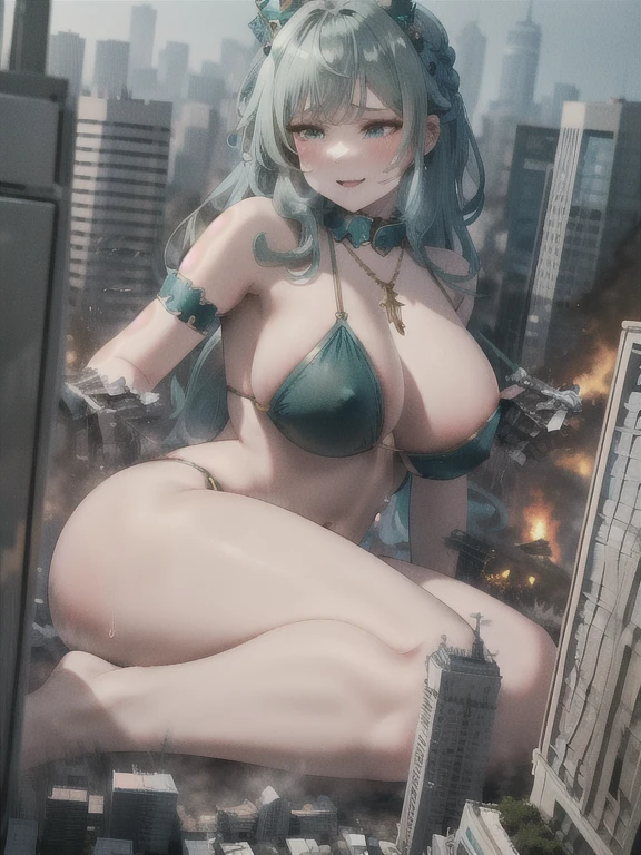 Perfect detail, Special details, highest quality,,expensive,goddess、 Empress,A satisfied smile 、goddess、Confident face,Triumphant Face、conceit、わがままEmpress、sense of beauty、Overwhelming nce、Overwhelming power、Overwhelming destructive power、Empress、Queen、Elegant face、Maternal instinct、round face、View Viewer, Green Hair,Long wavy green hair with bangs, braided,,Super big boobs e bang, Partially exposed forehead, Dark blue eyes, Mature Bodyect body, Tolerant、Large Breasts,Big Ass.Sody,Nipples,sy、Pussyにビルを押し込むbody flurge amof vaginal fluid、Inserting the building into thty、Nipples、ビルがbody fluidで溶かされる、Open your mouth、 blushage.Blue micro bikini,Gold Jewelry,Gold Bracelet,Gol、 Luxurious crown,, necklace, Pursing your lips、 A light smile, Drunk, expensiveディテール, Depth of written boundary, 1080p, 16k, Awards, High resolution, highest quality, masterpiece, 超High resolution, Anatomically correct, Super detailed、Super big boobs,,Huge breasts、Super big boobs、Realistic、Perfect bodyライン、aerhotograph、aeotograph、Destroyin city with a smile、 (A giant girl bigger than a skyscraper destroys the city of Shibuya:1.5)、cute、body fluid,large amount of vaginal fluid、Pussyにビルを挿入、ビルがbody fluidで溶かされる、Eroticism,share、Big breasts overflowom bikini Masting In heat Occupying a big citydown Empress god