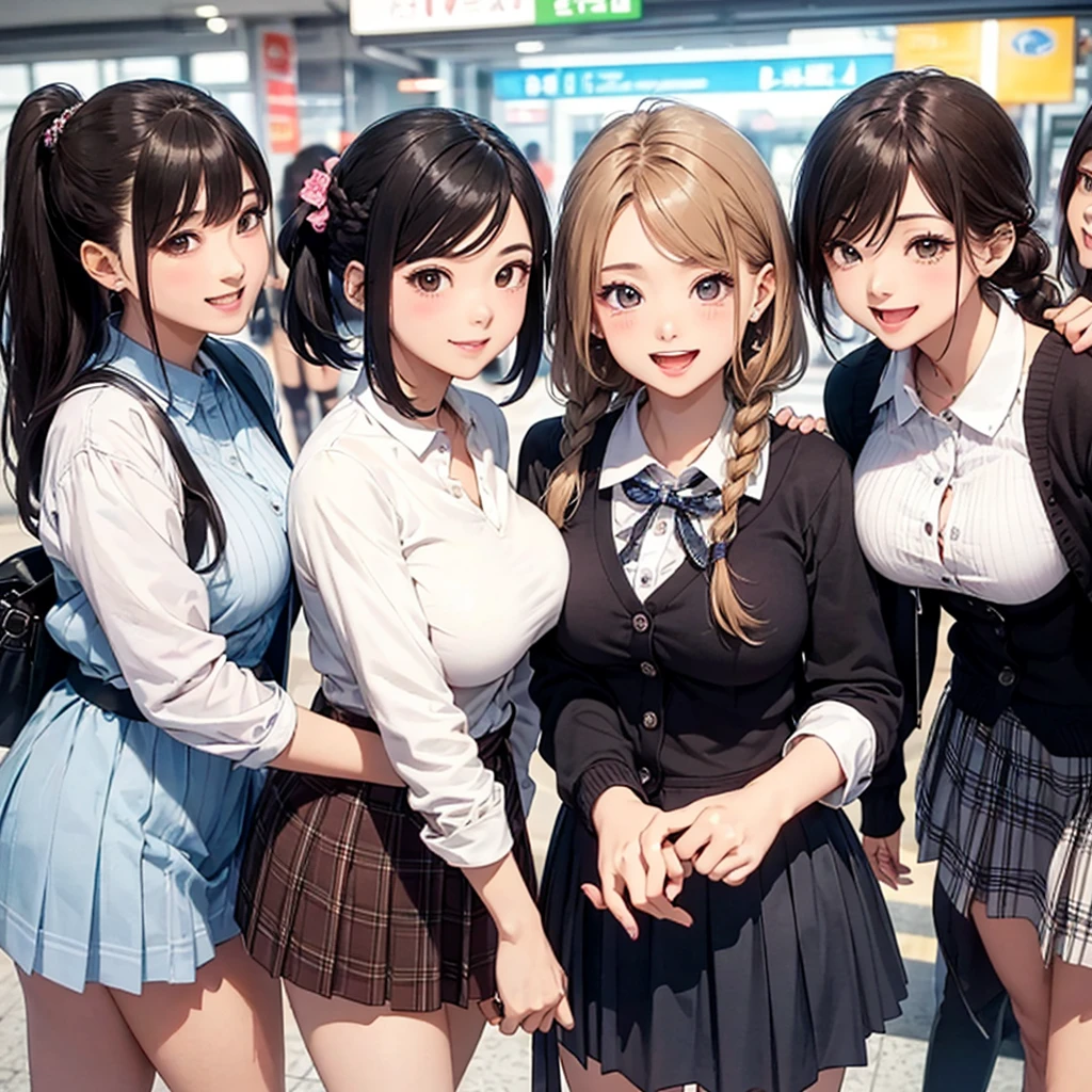 NSFW, photorealistic, top-quality, masterpiece, 4 Korean women , Korean female only, ABSOLUTELY NO MALE, absolutely no men, VERY crowded female only subway train interior detailed scenario, VERY crowded Korean female only subway train interior detailed background, standing insanely hot (woman 1) using sexy ((school uniform)), (((lifted skirt)), (thick thighs), (fear expression), blushed face, (woman 2) sexy young, blond hair, confused look, mature woman ass groping woman 1 from behind, woman 2 touches woman 1 vagina, young woman 2 caressing woman 1 legs, wet kiss, lesbian kiss, (((mature woman pressing her chest on woman 1 back))) and (((holding her waist behind her)))