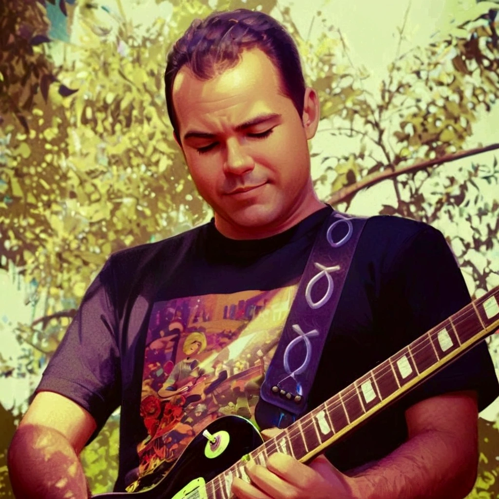 Imagine a man in Disney Pixar 3D style with a black shirt, black pants, and black All Star sneakers. He's playing the guitar at a concert, and he's holding a green Fender guitar. The man has a cheerful expression on his face as he strums the guitar strings, with colorful stage lights illuminating the scene behind him.