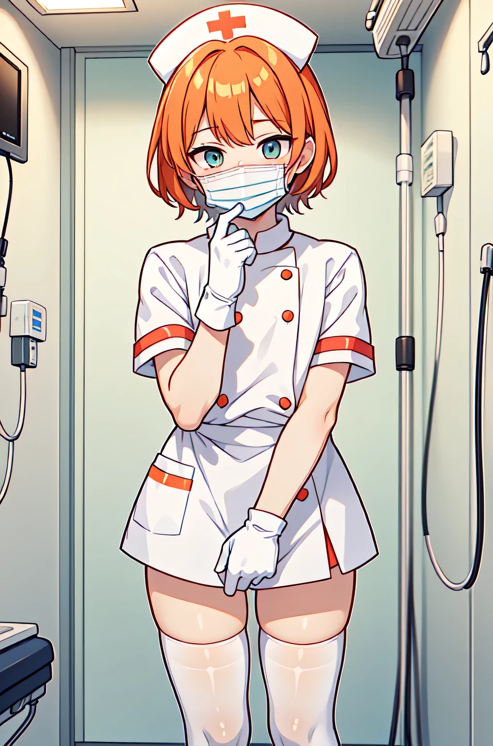 1boy, solo, male focus, nurse, white nurse cap, white nurse uniform, ((white legwear, zettai ryouiki)), white gloves, short hair, orange hair, ((white surgical mask, covered nose)), standing, ((hospital room)), sharp outline, short sleeves, shota, , best quality, masterpiece