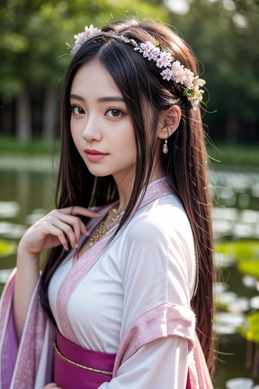 Superb Quality, Masterpiece, High Resolution, 1Girl, Blush, (Seductive Smile: 0.8), Star Pupil, Chinese Hanfu Lilac, Hair Accessories, Necklace, Jewelry, Beauty, on_body, Tyndall Effect, Realism, Lotus Pond, Light Edge, Two-tone Lighting, (High Detail Skin: 1.2), 8K UHD, DSLR, Soft Light, High Quality, Volume Lighting, Candid Photo, High Resolution, 4K, 8K, Background Bokeh