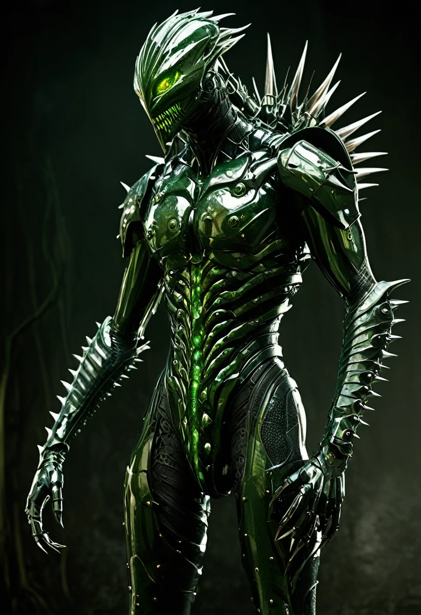 A towering, slender humanoid creature with deep green, pupil-less eyes. The creature's once beautiful features are now distorted by surgeries and modifications. It wears perfectly fitted armor made of smoky glass, which appears parasitic, with long spikes piercing its spine to connect to its nervous system. The skinless muscles are visible through the glass. The internal organs are linked to the armor through tubes and sharp instruments. The creature stands in a dark, atmospheric setting, evoking a sense of fear and awe, with scars and wounds hinting at its tortured past. Lots of blood and gore