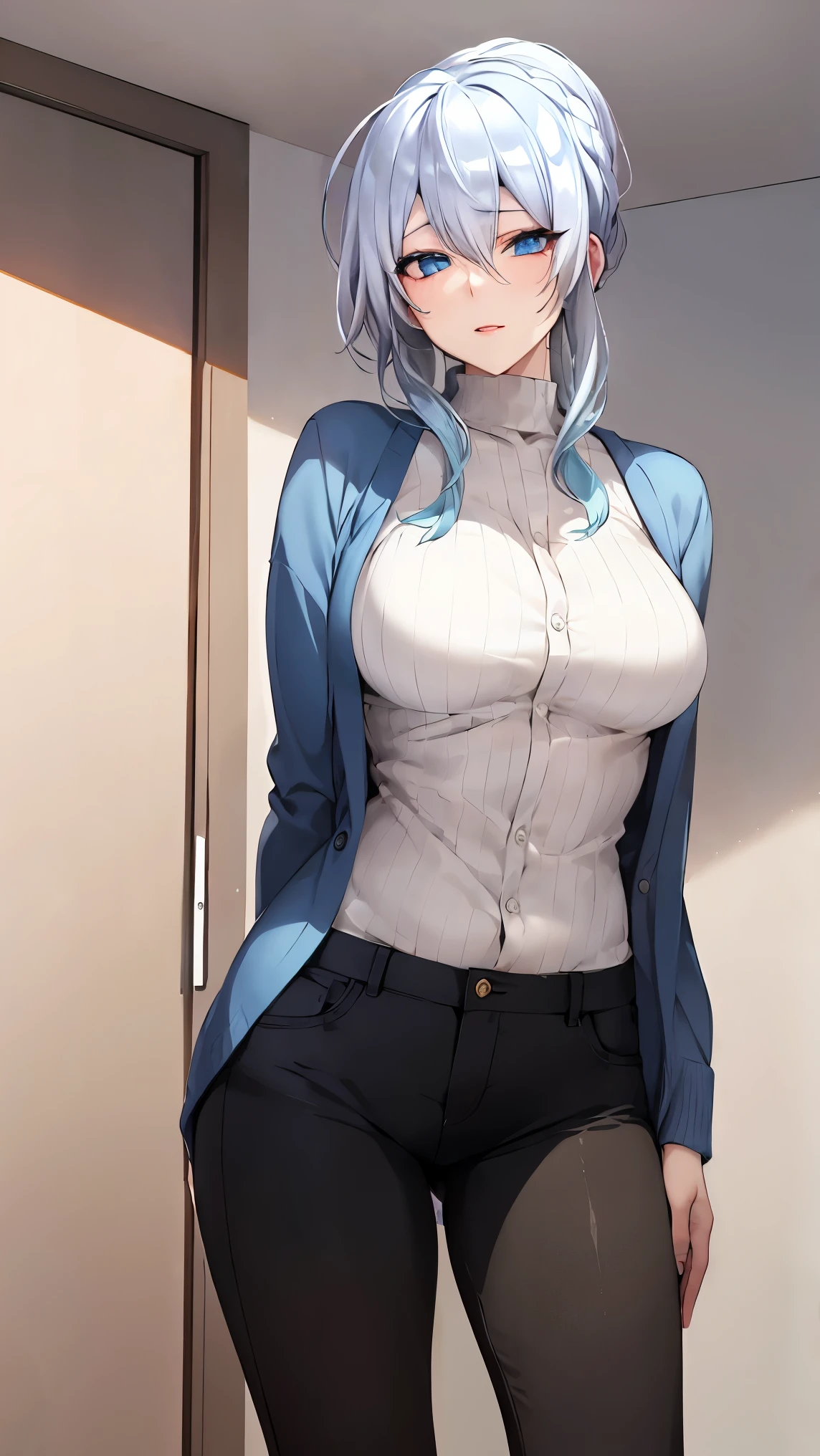 Silver hair and blue eyes,
BREAK (blouse and cardigan:1.2),
BREAK full bodyesbian,Standing on the ground,Slim,long leges,Stand up straight,nothing background,Slim,extra long leg,A sagging breast,arms behind back,
BREAK ((top quality, 8k, masterpiece: 1.3, ultra hd, high quality, best quality, high definition, realism)), sharp focus: 1.5, Beautiful woman with Slim body, (perfect hands, perfect anatomy),