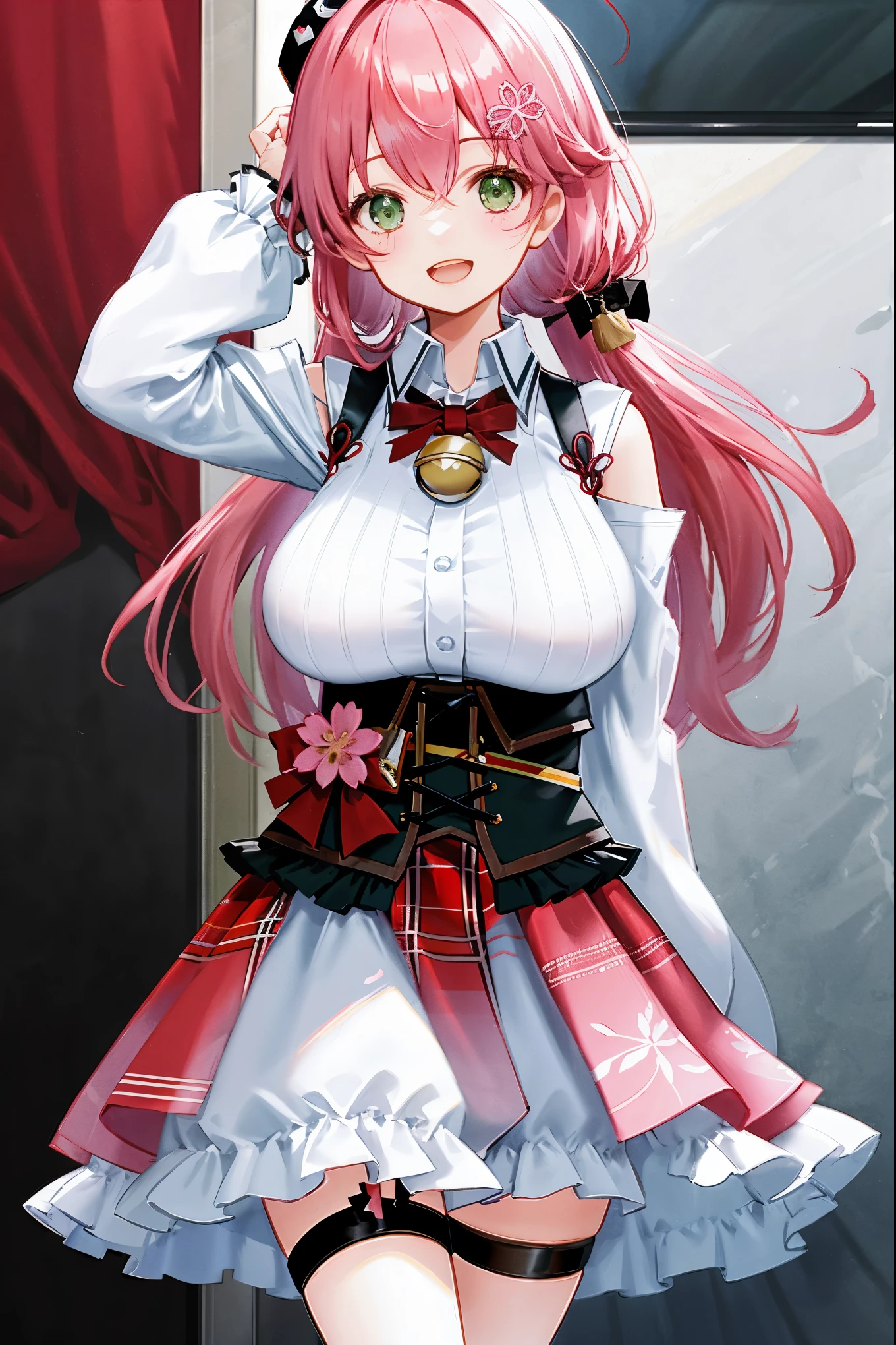 masutepiece, Best_Quality, hight_resolution, miko2,Ponytail, 1girl, _teen,e, black headwear, Hair Ornament, White shirt, black thighhighs, Pink hair, Red_skirt, very_short_skirt, plaid skirts, garter_strap, Collared shirt, hair clips, frilld, Bangs, hair between eye, frills skirt, beret, Pleated skirt, Hair Flower, Neck bell, , puffy long sleeves, Black bow, Underbust, Cowboy Shot,Smile, (gigantic_breasts:1.3),covered_nipples, covered_pussy,green_eyes, happy, childlike_posing,spread_legs,(big_smile:1.2),plump,open_mouth,shout,half_eyes,cherryblossom_park_background,