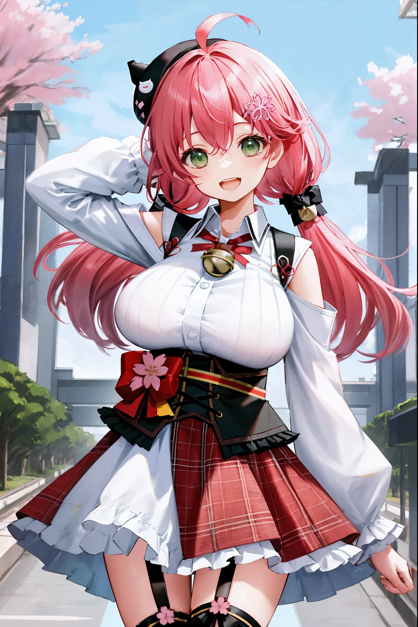 masutepiece, Best_Quality, hight_resolution, miko2,Ponytail, 1girl, _teen,e, black headwear, Hair Ornament, White shirt, black thighhighs, Pink hair, Red_skirt, very_short_skirt, plaid skirts, garter_strap, Collared shirt, hair clips, frilld, Bangs, hair between eye, frills skirt, beret, Pleated skirt, Hair Flower, Neck bell, , puffy long sleeves, Black bow, Underbust, Cowboy Shot,Smile, (gigantic_breasts:1.3),covered_nipples, covered_pussy,green_eyes, happy, childlike_posing,spread_legs,(big_smile:1.2),plump,open_mouth,shout,half_eyes,cherryblossom_park_background,