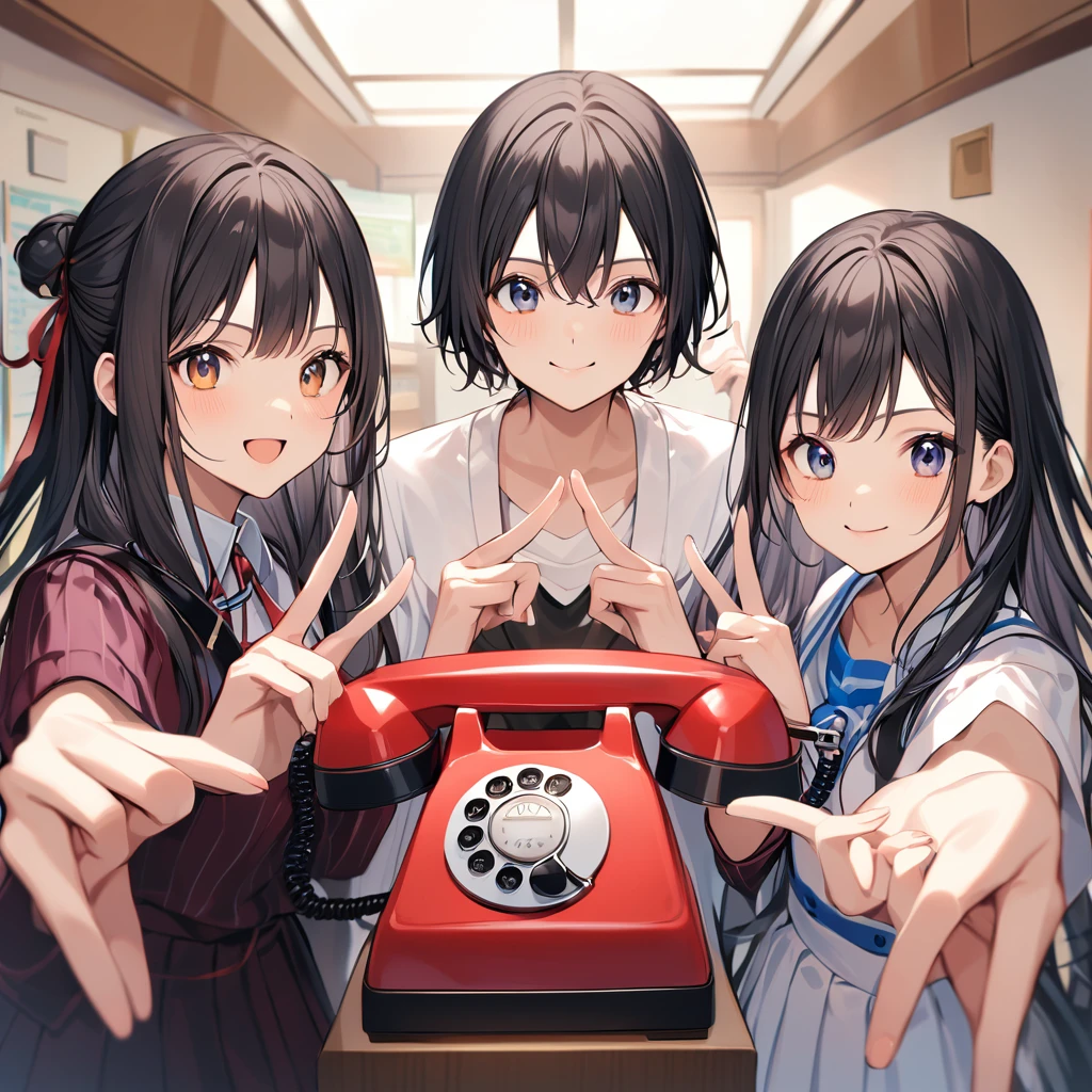 A confident smile, ピースサインをしているtwo students demonstrating a gesture commonly associated with a peace sign while speaking by teleTelephone, skirt, Black Hair, indoor, in, Telephone, shirt, ((((complete fiine fingers))))