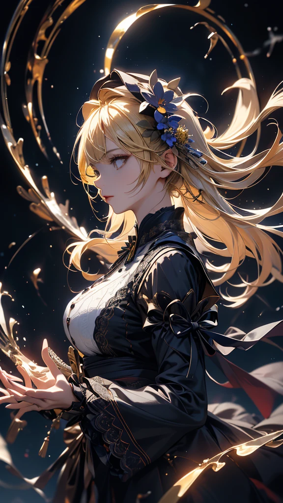 masterpiece, high quality, 4K, Beautiful design, silhouette,blonde, 非常に詳細な夜のStarry Sky,Flower Field, wonderful, Finer details, Very knowledgeable woman, Highly detailed solo, 1 female,Big Breasts,Gothic ta Fashion,Night view,Starry Sky,milky way,