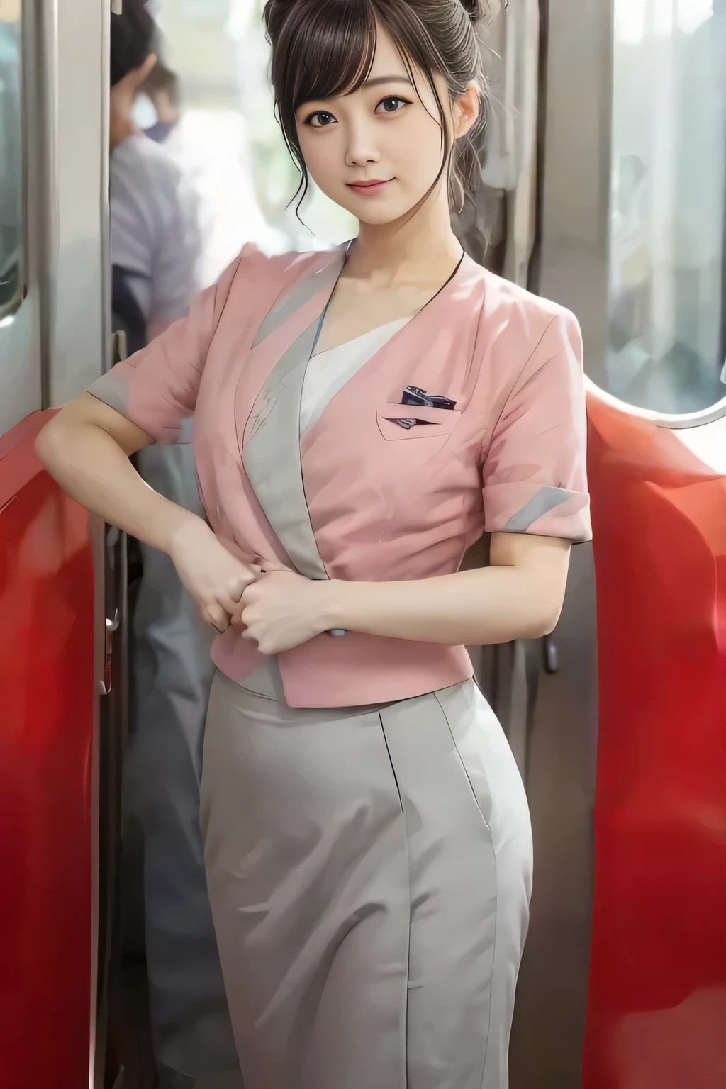 (masterpiece:1.2, highest quality:1.2), 32K HDR, High resolution, (alone、1 girl)、（On the rooftop of a building in the daytime、Professional Lighting）、Building rooftop background、（Nankai train crew uniform pinkを着たリアルスタイル）、（Nankai train crew uniform pink short sleeve pink jacket、Nankai Train Crew Uniform Pink Collarless Short Sleeve Blouse、Nankai Train Crew Uniform Pink Grey Knee-length Culottes）、Dark brown hair、（Hair tied up、Hair Bun、Hair Bun）、Dark brown hair、Long Shot、Big Breasts、Thin legs、（（Great hands：2.0）），（（Harmonious body proportions：1.5）），（（Normal limbs：2.0）），（（Normal finger：2.0）），（（Delicate eyes：2.0）），（（Normal eyes：2.0））)、smile、（Nankai Train Crew Uniform Pink Grey Knee-length Culottesを見せた美しい歩く姿）、Place your hands around your stomach