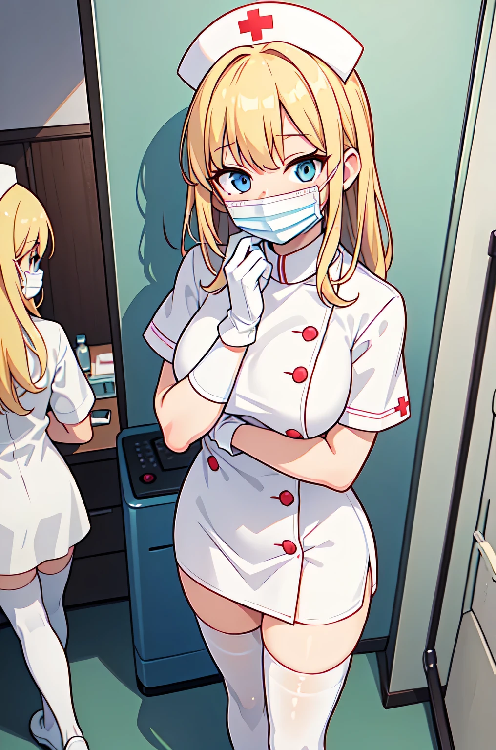 1woman, solo, nurse, white nurse cap, white nurse uniform, ((white legwear, zettai ryouiki)), white gloves, blonde hair, blue eyes, ((white surgical mask, covered nose)), standing, ((hospital room)), sharp outline, short sleeves, mature female, 35 years old, best quality, masterpiece