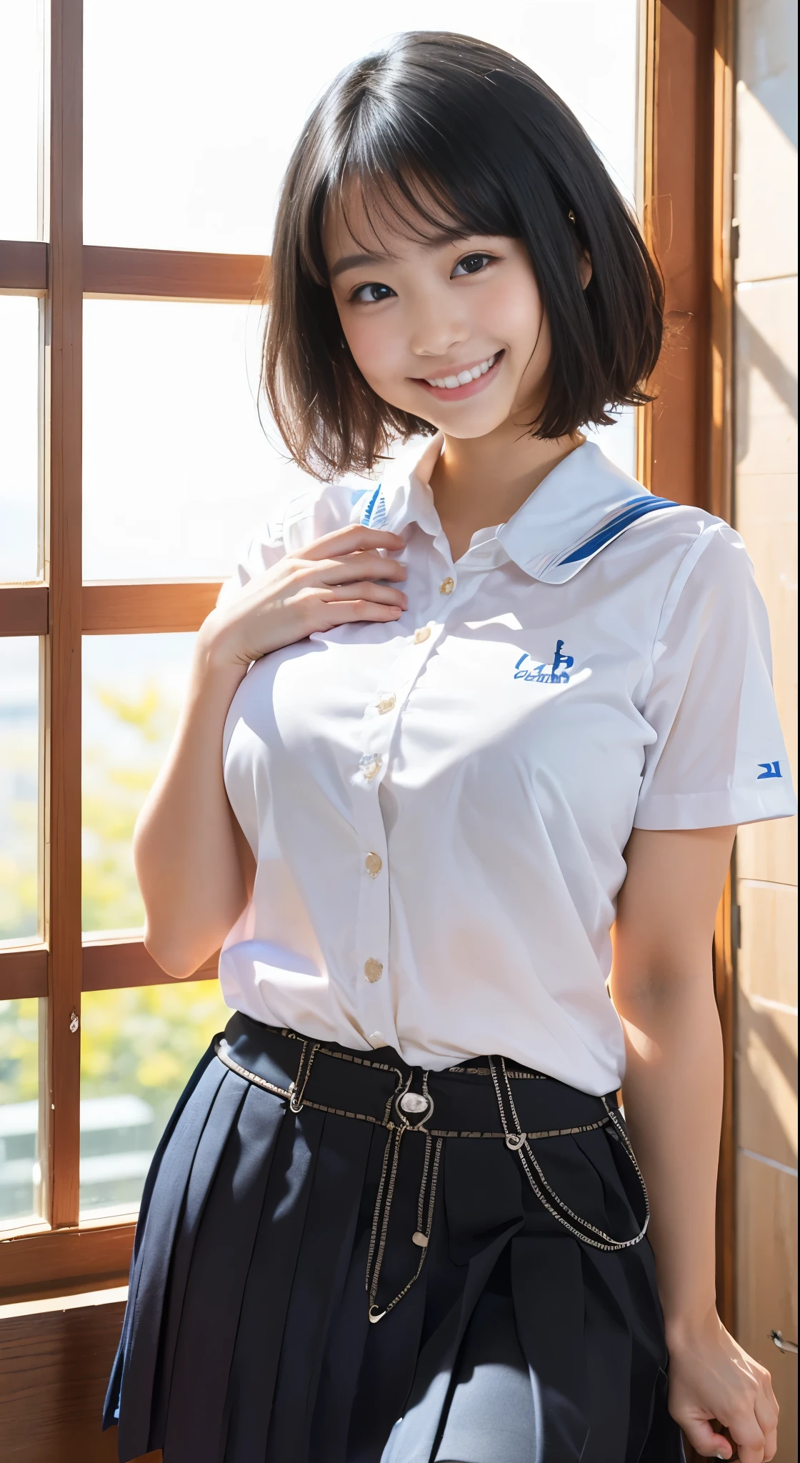 (8k、Raw photography、highest quality、masterpiece:1.2),(Black Hair:1.9),(:1.3)、View your audience,Viewed from the front,White skin,(high school girl、school uniform:1.6)、(Tight waist:1.6)、(Clothes that accentuate the shape of the breasts:1.0)、(Big Breasts :1.3)、Slim figure、Ultra-high resolution,beautiful,beautiful fece,(one person、No background:1.9),whole bodyボディー,Japanese women,(reality的:1.37)、Photon Mapping,reality、(Baby-faced and cute: 1.4)、(Cute Smile: 1.8)、(Round face: 1.8)、Radio City、Physically Based Rendering、Depth of field rally background、photograph, (I can see your knees、Thigh close-up:1.8),(:1.6),whole body、Great quality