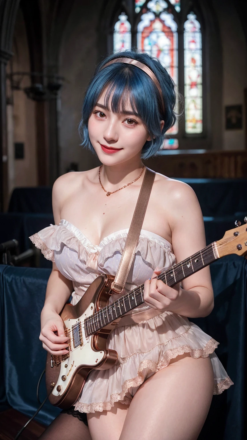 ((best quality)), photorealistic, photorealism, Photorealistic, high resolution, ((Wearing Rose-Gold Strapless Lace ta, Headband))、smile、A superb beauty、Super cute、ennui、Rare beauty、Very Short hair、Black Dark Eyeshadow、Sad、white skin、pale skin, Very short hair layered、Dark Gothic Makeup、Cute Smile、Fragrant beauty、Stained glass background、Mastepiece、Best Quality、Refers to 5 books、Sweat glistening on my chest、Sweat glistening on my face、Small breasts、Blue hair、Age 20 years old、Mysterious look、A sad expression、Blue Hair、mysterious gothic church、enchanting castle、Sweating profusely all over the body、A lot of sweat and light on the thighs、Shiny thighs、Plenty of sweat glistening on the thighs、A large amount of sweat glistens on my thighs、Sweating profusely、Gal、Medium breasts、Beautiful face、Alluring expression、Thin thighs、Playing electric guitar、I have an electric guitar、Sing a song enthusiastically、Playing guitar in a band、Rock band、Playing guitar chords、Live House Background、Sing a song、Open your mouth、Live house scenery、Mike stand、Glamorous live stage、Dynamic Angle、cinematic lighting
