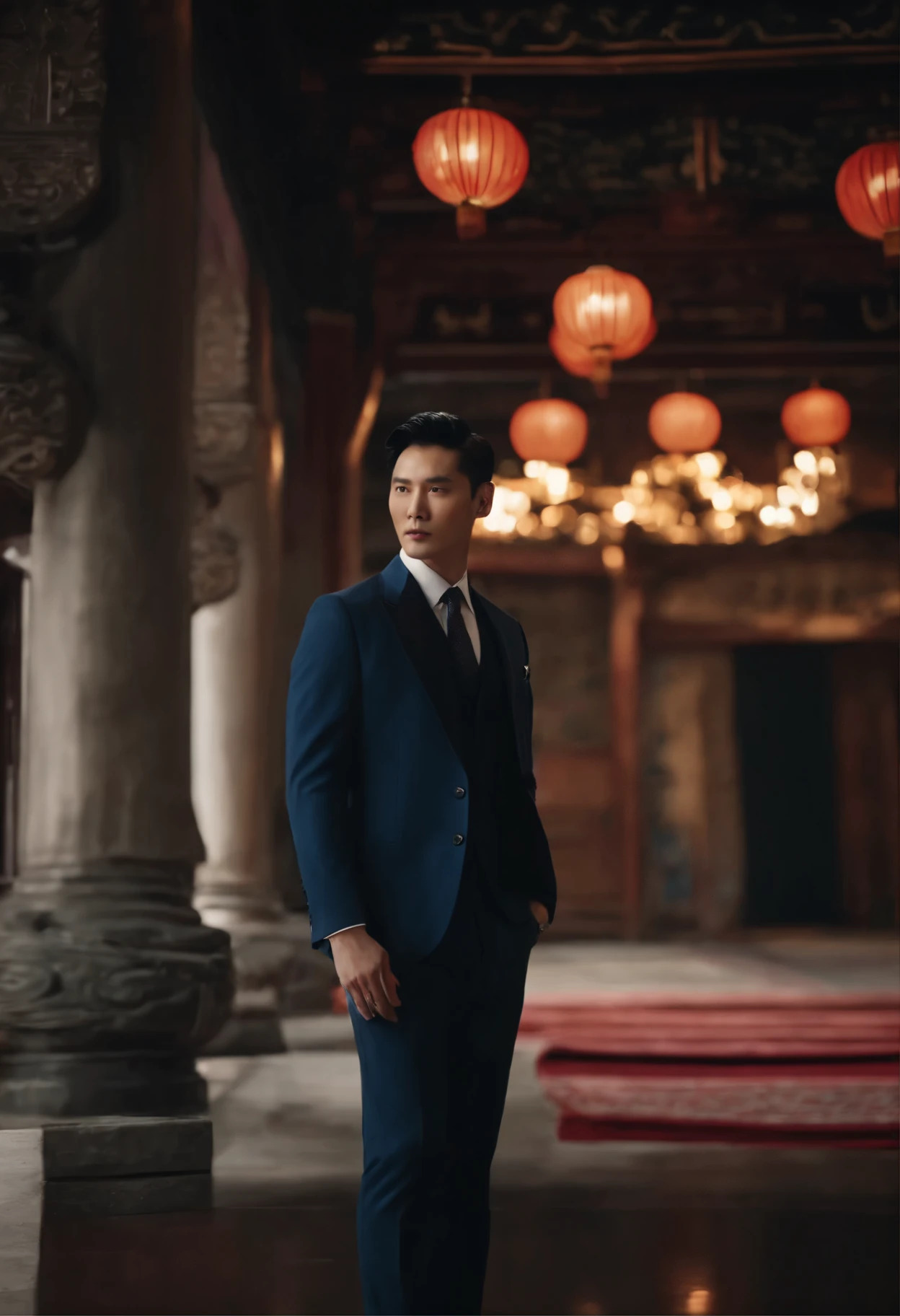 ((best quality, 8K, masterpiece :1.3)), 1 Korean man,suit,rock in hand,suit 바지,chinese background