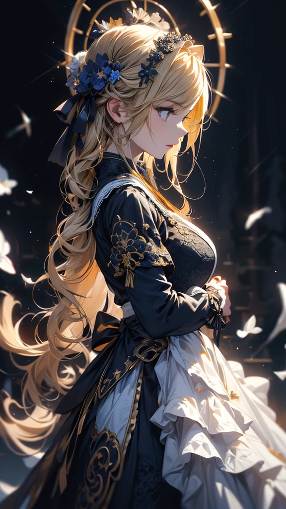 masterpiece, high quality, 4K, Beautiful design, silhouette，blonde， 非常に詳細な夜のStarry Sky,Flower Field， wonderful, Finer details,  Very knowledgeable woman, Highly detailed solo, 1 female,Big Breasts，Gothic Lolita Fashion，Night view，Starry Sky，milky way，