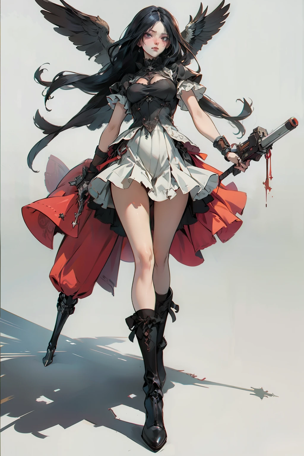 ((best quality)), ((masterpiece)), (detailed), blank white background, plain background, white background, red and white clothing, Bloodborne aesthetic,  occult aesthetic, occult, occult paraphernalia, detailed and intricate steampunk and detailed gothic, NSFW, Very dramatic and cinematic lighting, cosmic horror, grim-dark, side-lighting, perfect face, NSFW, Fluttering lace flared  dress with frilly petticoats, pleated petticoats, petticoats, complex lace boots, side-lighting, gothic aesthetic, wielding mighty mechanical melee weapons, mechanical components, carbine, NSFW, beautiful small breasts, small breasts, full body, whole body, body, plain background, white background, blank background, no background, white background NSFW, full body, whole body, head-to-toe dynamic poses NSFW