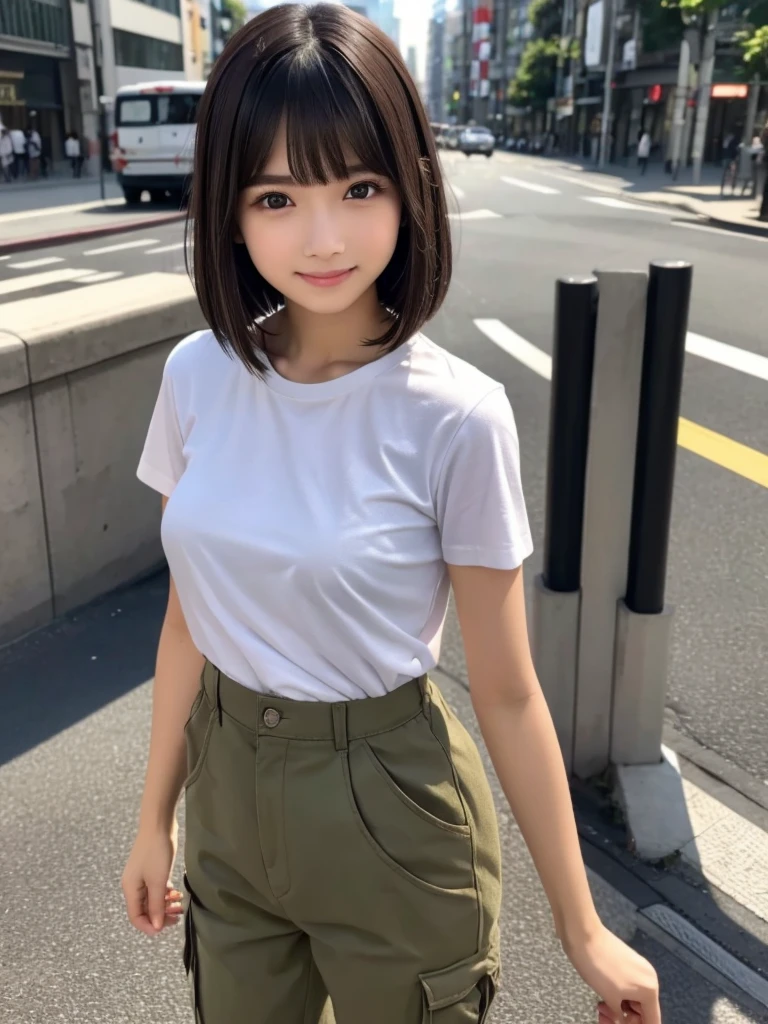 (8k, RAW Photos, highest quality, masterpiece:1.2), (Realistic, photo-Realistic:1.4), (Highly detailed 8k wallpaper), ((Full Body Shot)), (1 girl), Sharp focus, Depth of written boundary, Cinematic lighting, Soft Light, 緻密な美しさのeye, eye_Chan, Very beautiful 17 year old girl, innocent big eyes, Realistic, photo Realistic, Highly detailed cute girl, (Thin thighs), (Model Body Type), 18-year-old, (Casual short sleeve t-shirt), (Khaki cargo long pants), (((Fold your arms in front of your chest and act arrogantly))), ((A happy smile)), Parted lips, Watching the audience, (On the streets of Tokyo) , (Brown Hair),(Long Bob Hair), (Asymmetrical bangs)