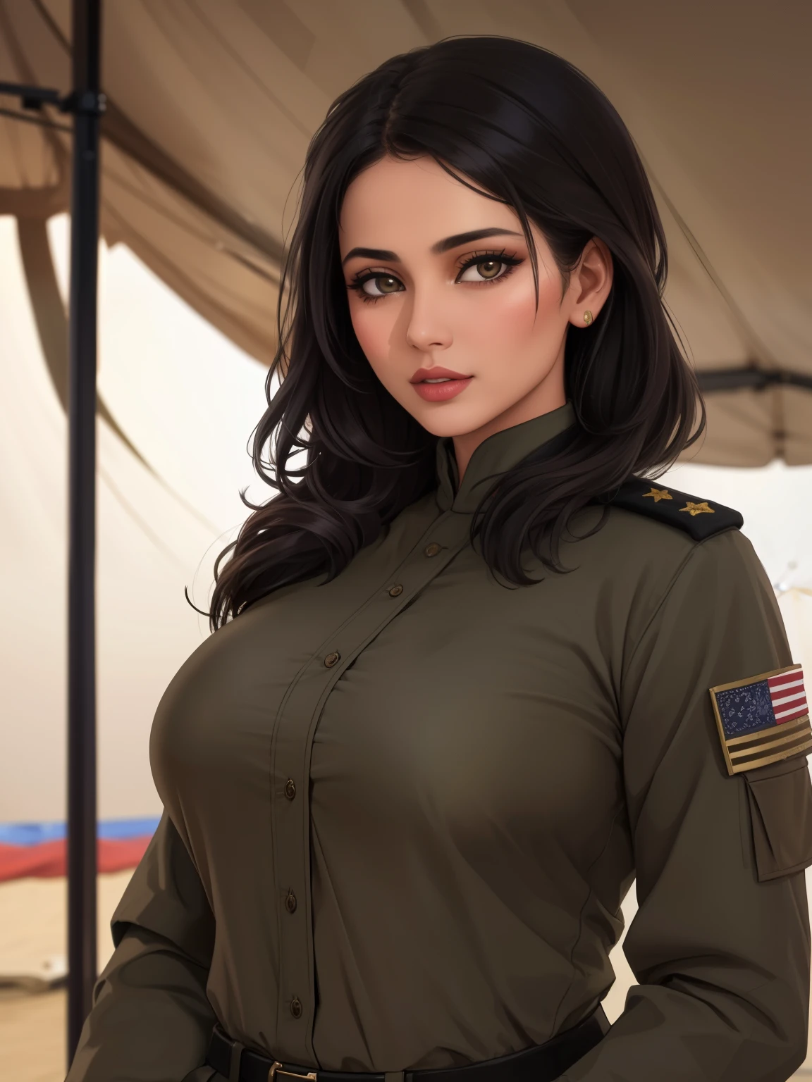 Afghan model girl, (38 years old), in the military tent, night, buxom, attractive expression, (masterpiece, best quality, highly detailed, hyper realistic) 