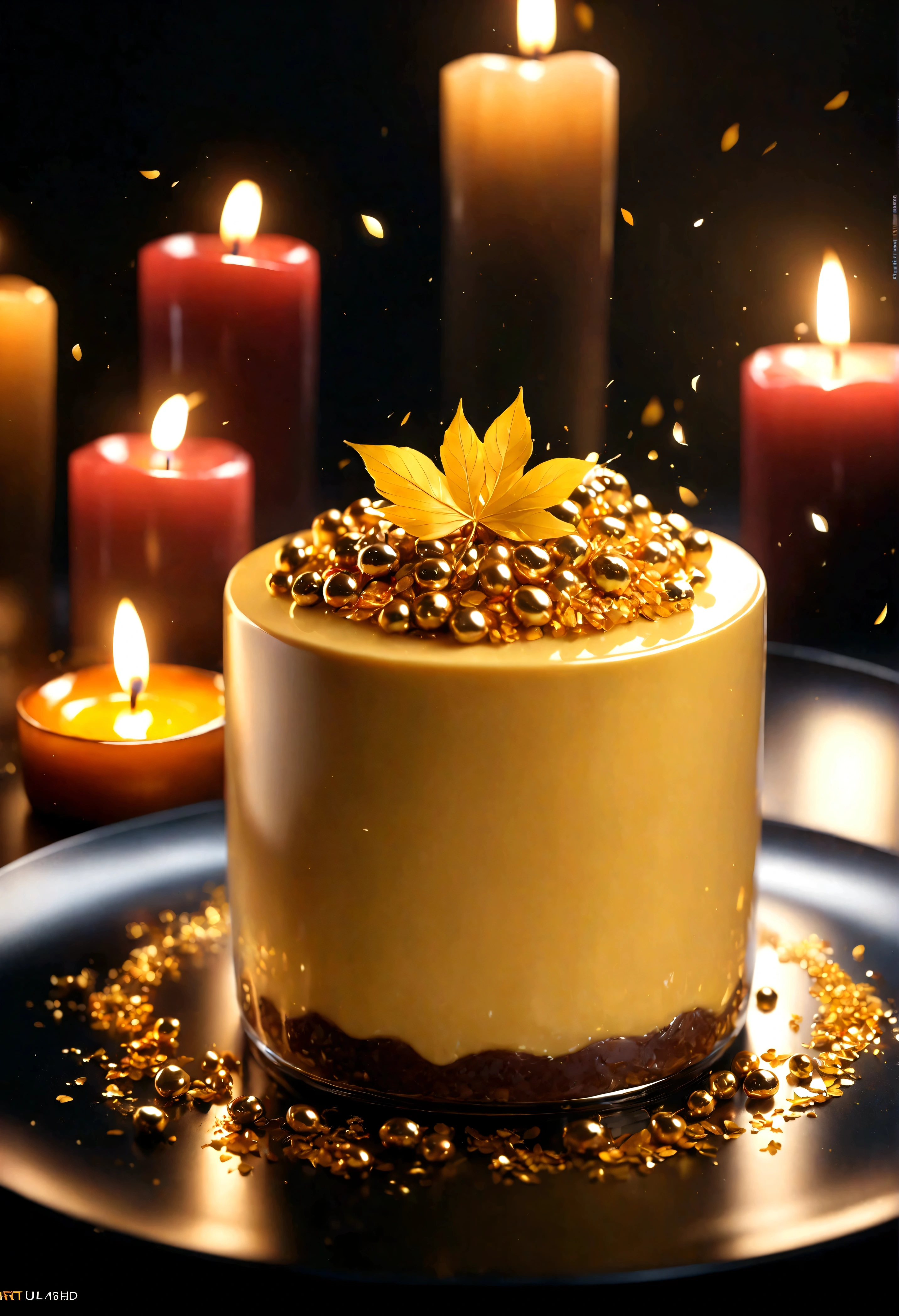 ((Masterpiece in maximum 16K resolution):1.6),((soft_color_photograpy:)1.5), ((Ultra-Detailed):1.4),((Movie-like still images and dynamic angles):1.3). | (Macro shot cinematic photo of delightful dessert with micro gold leaf), (edible micro gold leaf), (focus on the dessert), (macro lens), (exotic cuisines), (Candles), (luminous object), (delightful atmosphere), (shimmer), (aesthetic dessert accesories), (visual experience),(Realism), (Realistic),award-winning graphics, dark shot, film grain, extremely detailed, Digital Art, rtx, Unreal Engine, scene concept anti glare effect, All captured with sharp focus. | Rendered in ultra-high definition with UHD and retina quality, this masterpiece ensures anatomical correctness and textured skin with super detail. With a focus on high quality and accuracy, this award-winning portrayal captures every nuance in stunning 16k resolution, immersing viewers in its lifelike depiction. | ((perfect_composition, perfect_design, perfect_layout, perfect_detail, ultra_detailed)), ((enhance_all, fix_everything)), More Detail, Enhance.