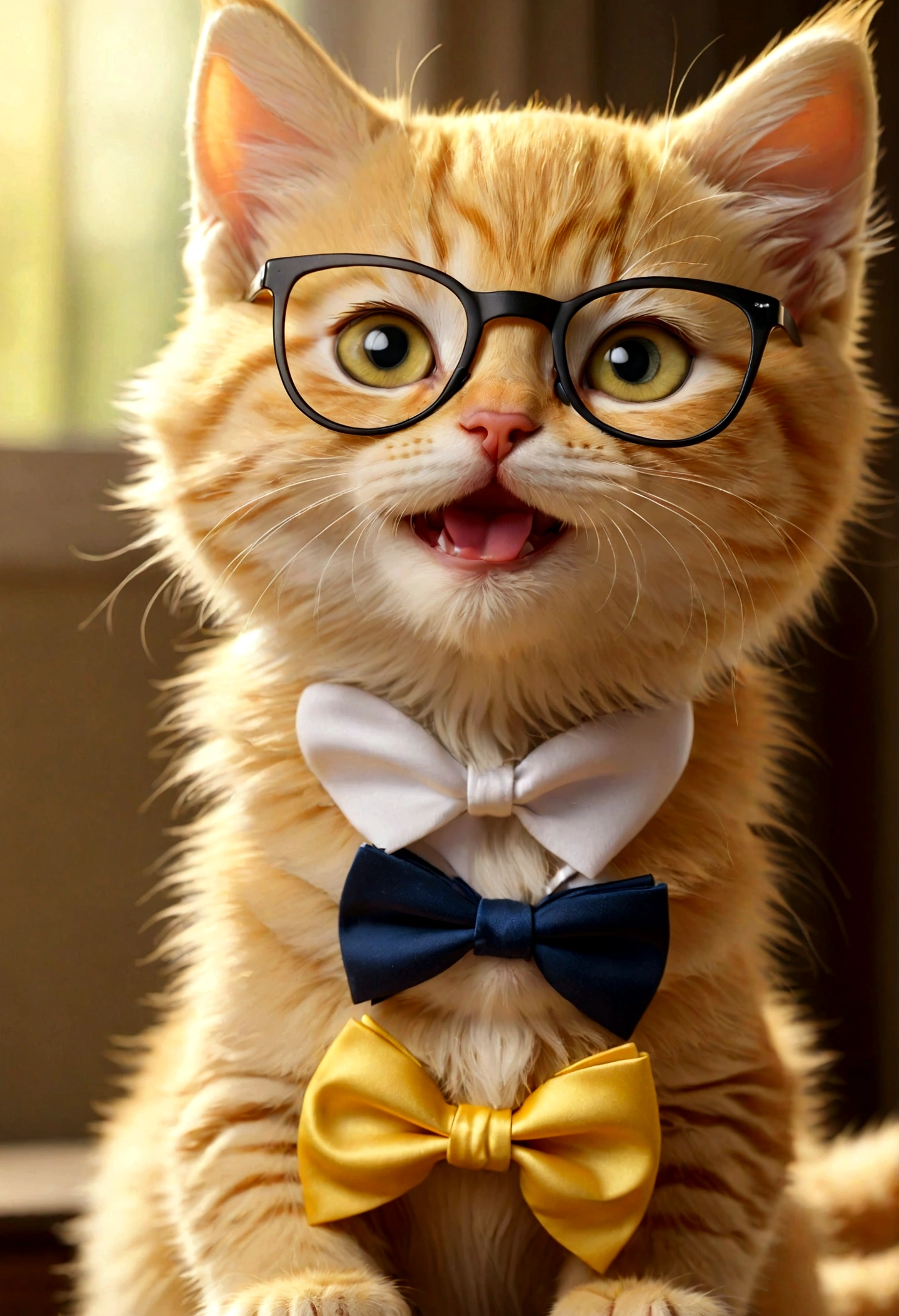 Close-up of yellow kitten wearing glasses and bow tie, cute and slightly smiling, lovely cute , standing with one hand raised., I close my eyes.