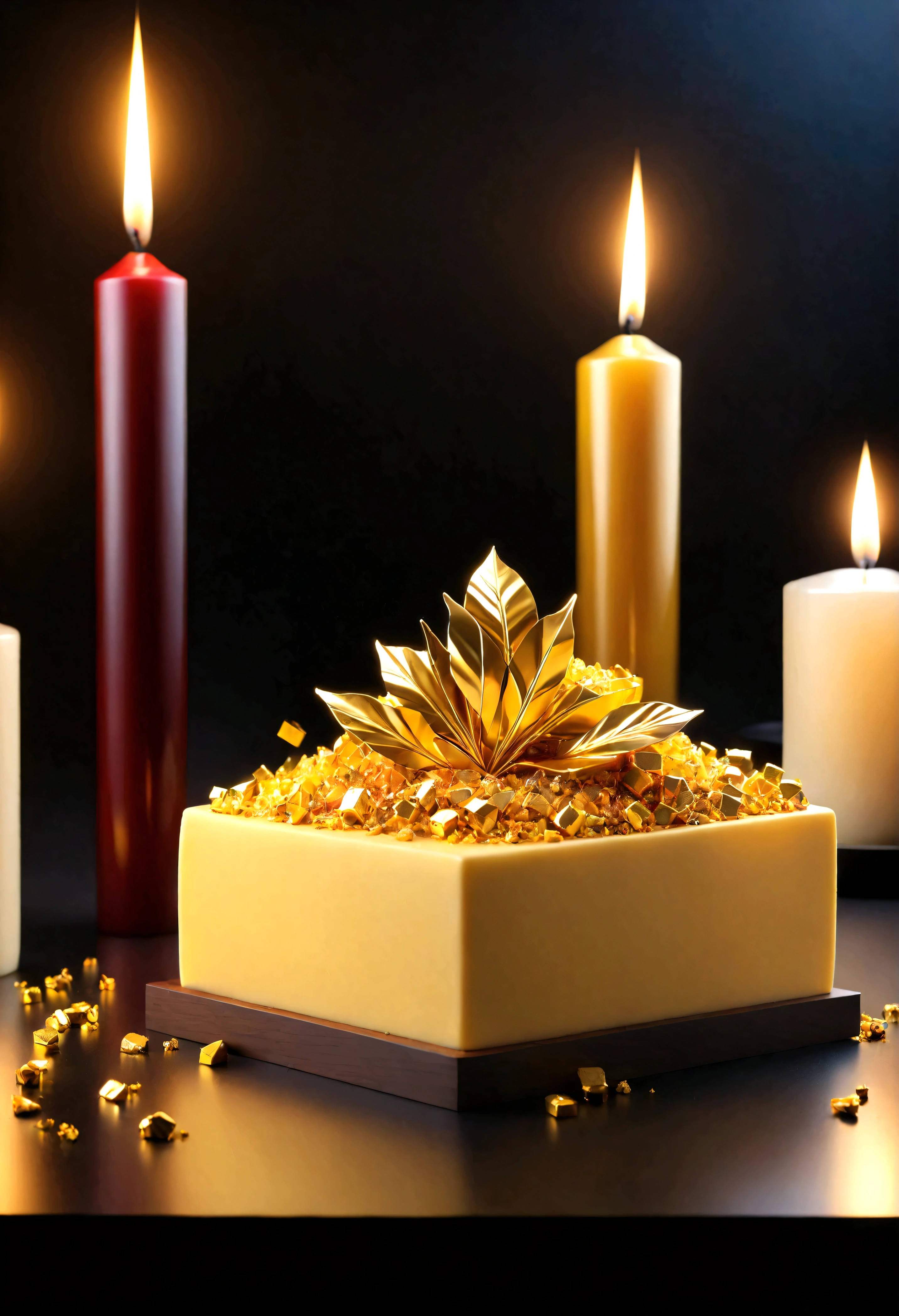 ((Masterpiece in maximum 16K resolution):1.6),((soft_color_photograpy:)1.5), ((Ultra-Detailed):1.4),((Movie-like still images and dynamic angles):1.3). | (Macro shot cinematic photo of delightful dessert with micro gold leaf), (edible micro gold leaf), (focus on the dessert), (macro lens), (exotic cuisines), (Candles), (luminous object), (delightful atmosphere), (shimmer), (aesthetic dessert accesories), (visual experience),(Realism), (Realistic),award-winning graphics, dark shot, film grain, extremely detailed, Digital Art, rtx, Unreal Engine, scene concept anti glare effect, All captured with sharp focus. | Rendered in ultra-high definition with UHD and retina quality, this masterpiece ensures anatomical correctness and textured skin with super detail. With a focus on high quality and accuracy, this award-winning portrayal captures every nuance in stunning 16k resolution, immersing viewers in its lifelike depiction. | ((perfect_composition, perfect_design, perfect_layout, perfect_detail, ultra_detailed)), ((enhance_all, fix_everything)), More Detail, Enhance.

