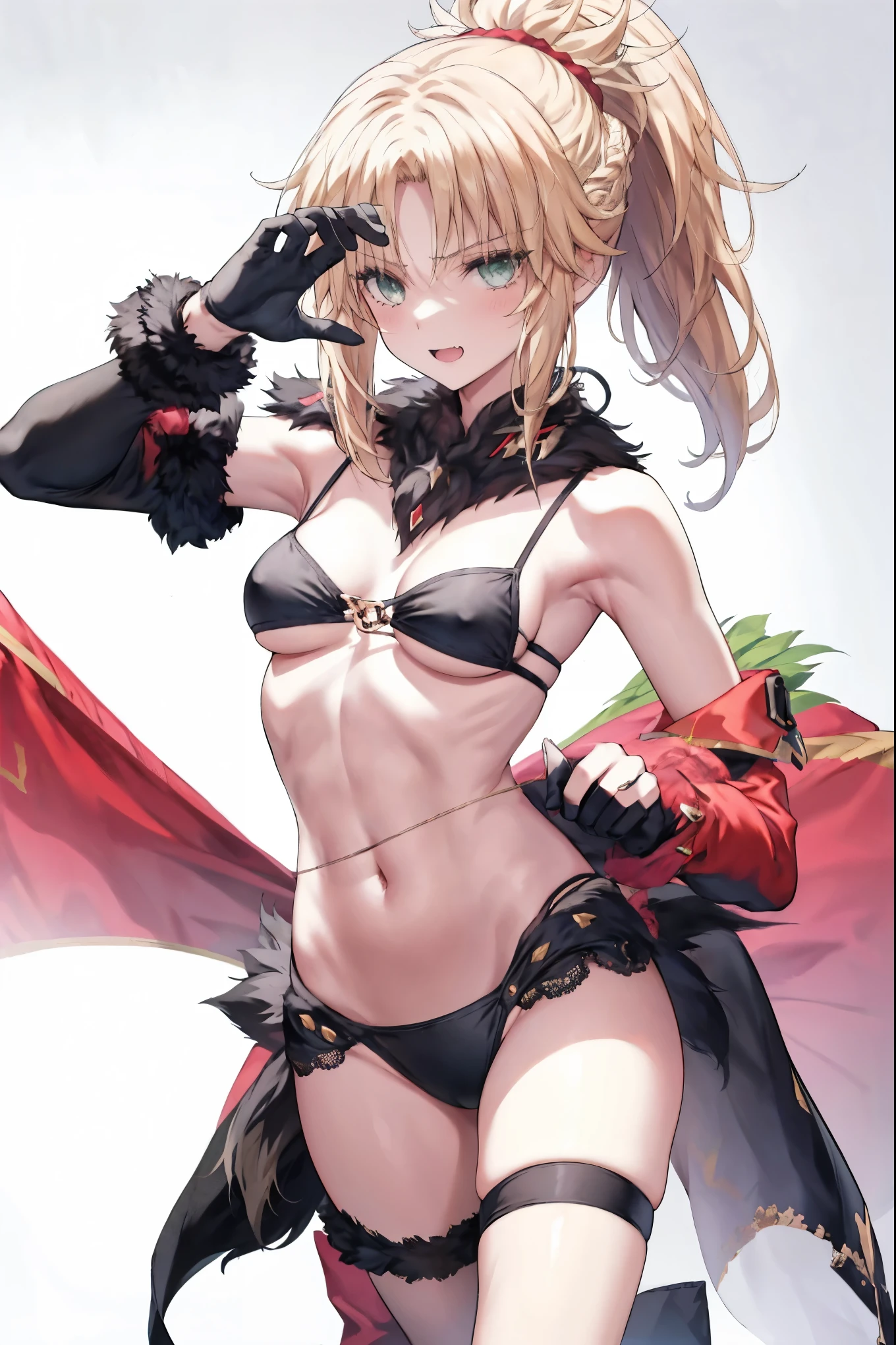 Masterpiece, Best Quality, illustration, city, 1girl, Mordred \(fate\), collarbone, Detailed blond hair ponytail braid, green eyes,,navel,thigh-high, covered_pussy,flat_chest,long_sworddangerousbeast,elbow_gloves,
,wolf_tail,wolf_ears,fang,happy,nihil,smile,spread_legs,claw_pose,armpits,open_mouth,angry,squat,bikini_bottoms,rise_hands,Highquality_hads,perfect_fingers,oil