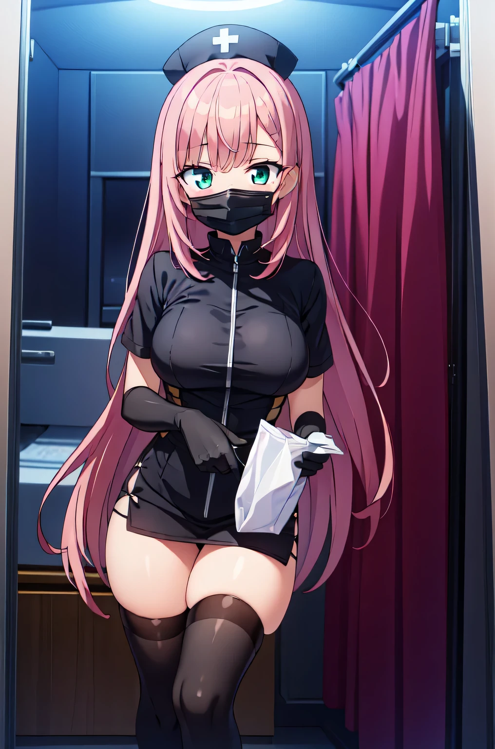 black nurse, 1girl, solo, black nurse cap, black nurse uniform, ((black legwear, zettai ryouiki)), black elbow gloves, pink hair, green eyes, drooping eyes, ((black surgical mask, covered nose)), standing, ((surgery room)), sharp outline, short sleeves, best quality, masterpiece