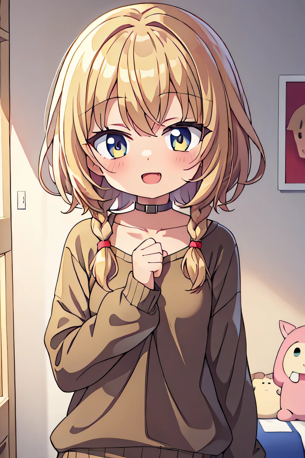 lolli, cute anime toddlers, beige hair, golden eyes, girl with golden eyes, short hair, braided hair on the right side, messy hair, blushing, smile, open mouth, only wearing black sweater, wink eyes, in bedroom, affectionate face, small fanged one