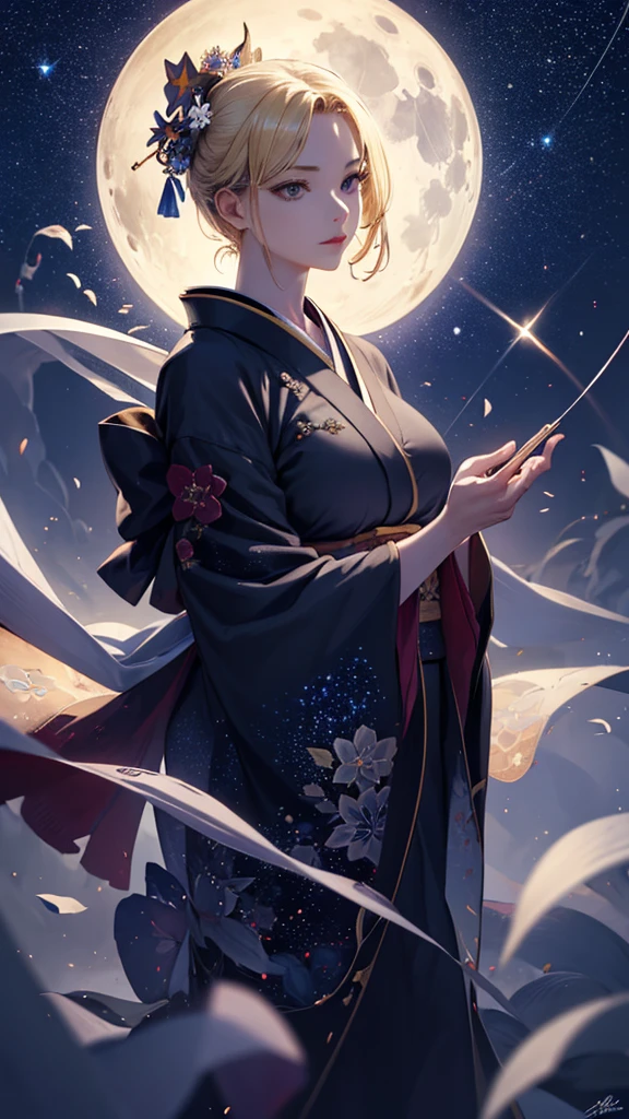 masterpiece, high quality, 4K, Beautiful design, silhouette，blonde， 非常に詳細な夜のStarry Sky,Flower Field， wonderful, Finer details,  Very knowledgeable woman, Highly detailed solo, 1 female,Big Breasts，kimono，Night view，Starry Sky，full moon，