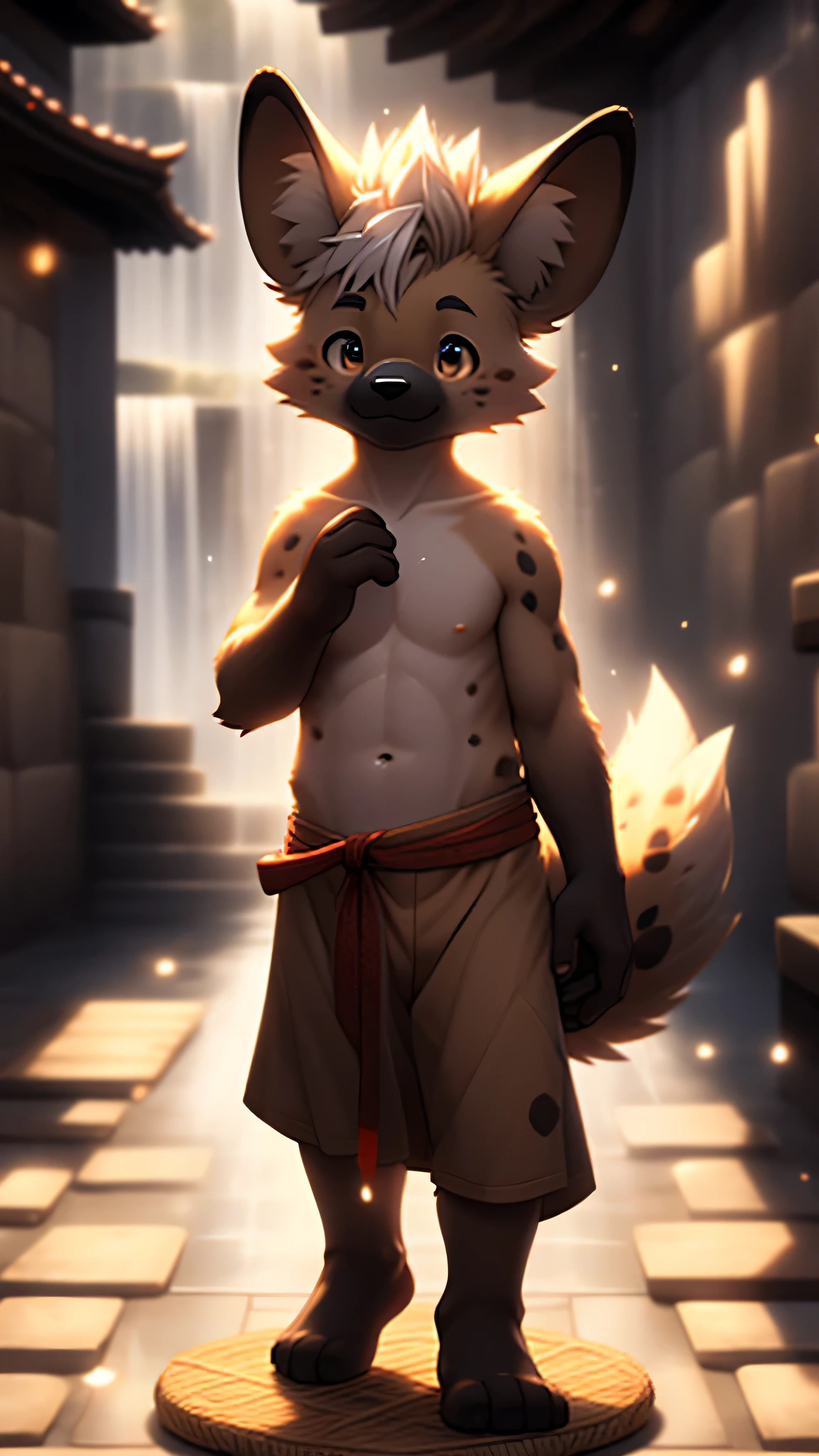 masterpiece, high quality, Solitary, furry, hairy, childterpiece, Have muscles, Detailed hands, Delicate face, delicate eyes, Detailed body, paw, high resolution, hyena,White hair,Taking a shower,Show the meat mat