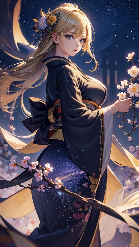 masterpiece, high quality, 4K, Beautiful design, silhouette,blonde, 非常に詳細な夜のStarry Sky,Flower Field, wonderful, Finer details, Very knowledgeable woman, Highly detailed solo, 1 female,Big Breasts,Butt,kimono,Night view,Starry Sky,full moon,