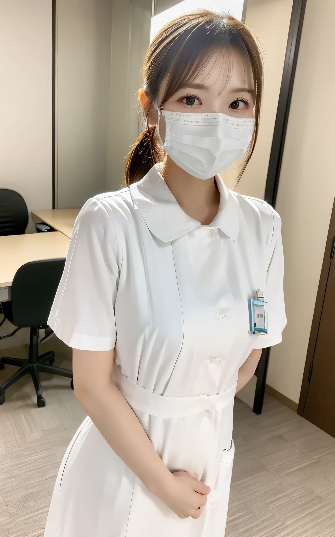 (Best quality, 8k, 32k, Masterpiece, UHD:1.2), 1 girl, ((full body shot:1.2)), beautiy Japanese office lady, (smile:0.5), (looking at the viewer), bit chubby, wearing white nurse uniform with mask, office room, desk, detailed beautiful face, pony-tail hair, from front,