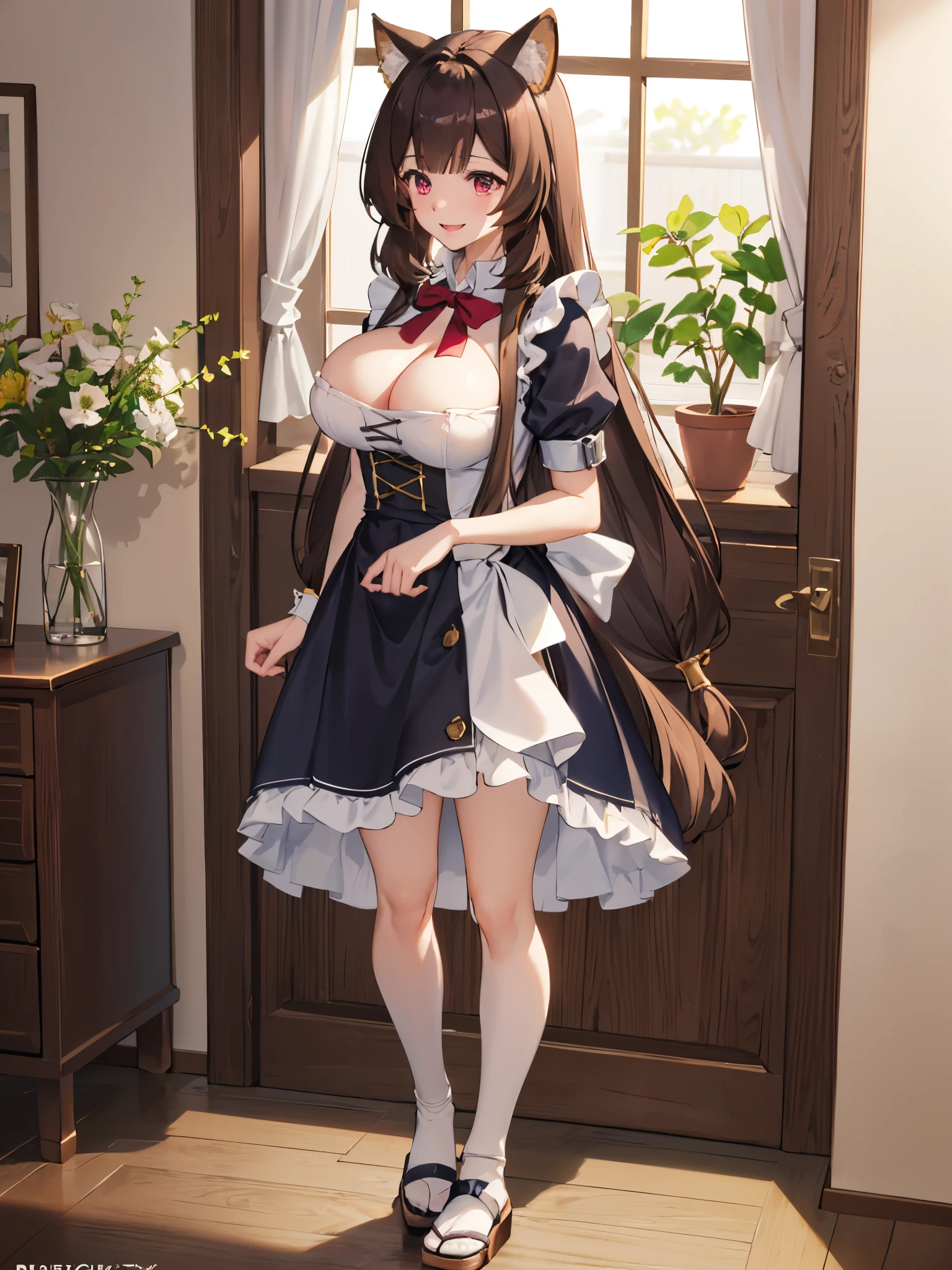 (Best quality), (extremely detailed CG Unity 8k wallpaper), (very detailed), ((absurdity)), Detailed beautiful eyes,
Raphtalia, Red eyes, black hair, fox tail, fox ears, Standing, Wearing maid costume,, white maid costume,big breast,in bedroom,smile,Midday,Japanese house,full body photo, looking away