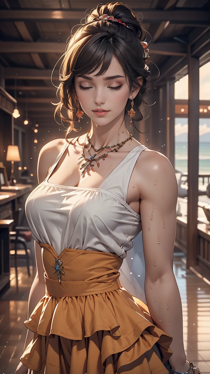 Hawaiian Wakiki Beach, Sleeveless dress, ((highest quality, 8k, masterpiece: 1.3))), Clear focus: 1.2, (Layered Cut, big: 1.2), Perfect body beauty: 1.4, Slim Abs: 1.2, Wet body: 1.5, Highly detailed face and skin texture, close your eyes, double eyelid, Messy hairstyle, Plain makeup,Sexy proportions、Narrow waist、smile