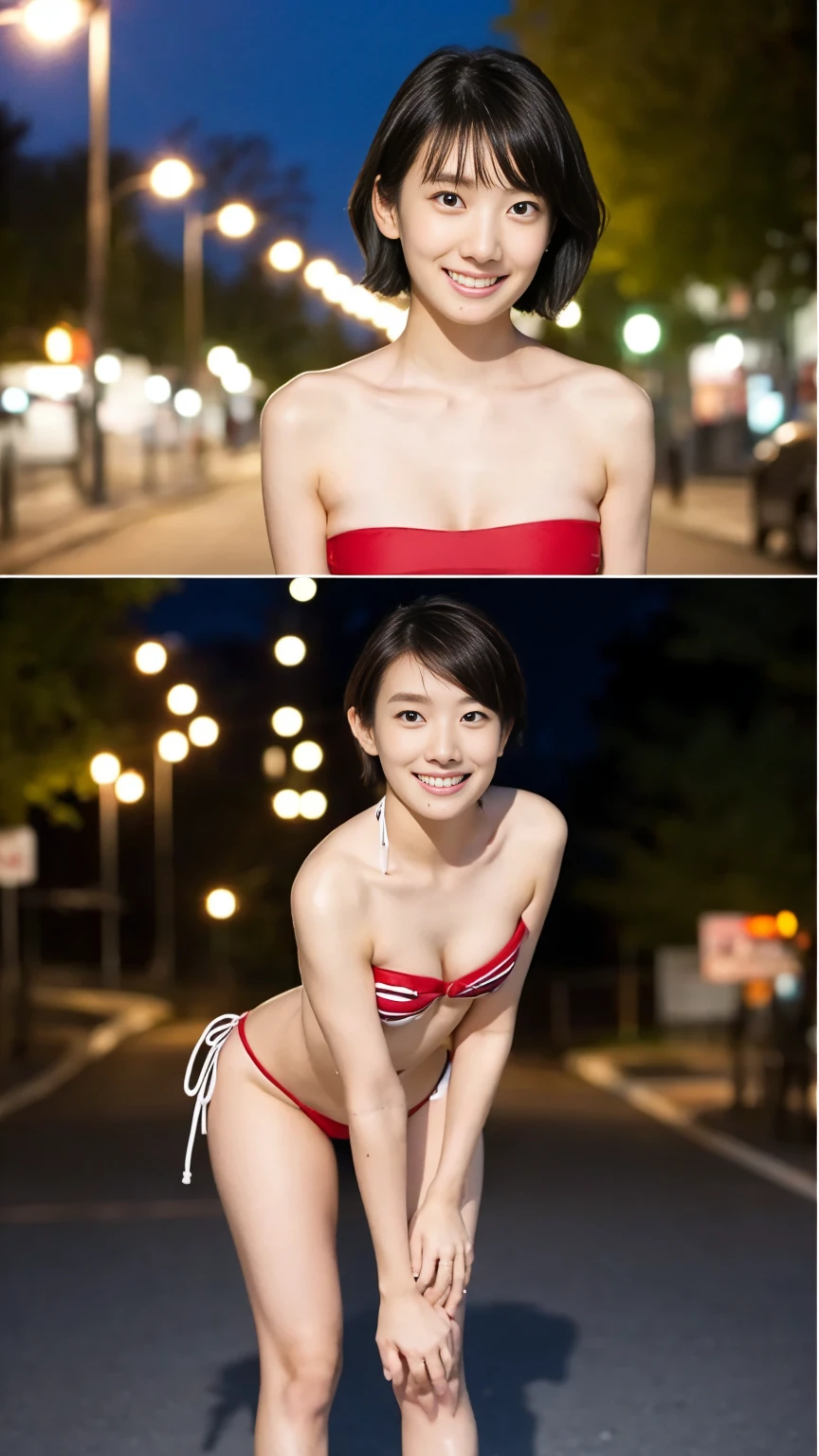 One Girl, (strapless micro bikini:1.4),
(RAW Photos, highest quality), (Realistic, Realistic:1.4), Tabletop,
Very delicate and beautiful, Very detailed, 2k wallpaper, wonderful, In detail, Very small breasts、Small breasted girl、
Very detailedな CG Unity 8K 壁紙, Very detailedな, High resolution, Soft Light,
Beautiful detailed girl, Very detailedな目と顔, Beautiful and detailed nose, Beautiful details, Cinema Lighting,
Winter Night View, Illumination of the street trees at Roppongi Hills, that'it's snowing,
Perfect Anatomy, Slender body,Short Bob Cut, bangs, View your audience, smile、Full body pose
