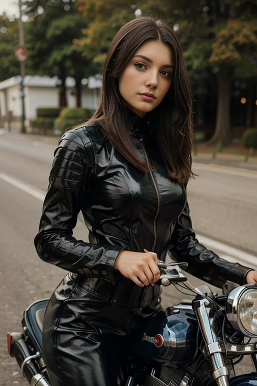 photograph of a brunette woman, in a motorcycle, leather bodysuit, 21 years old, realistic photo