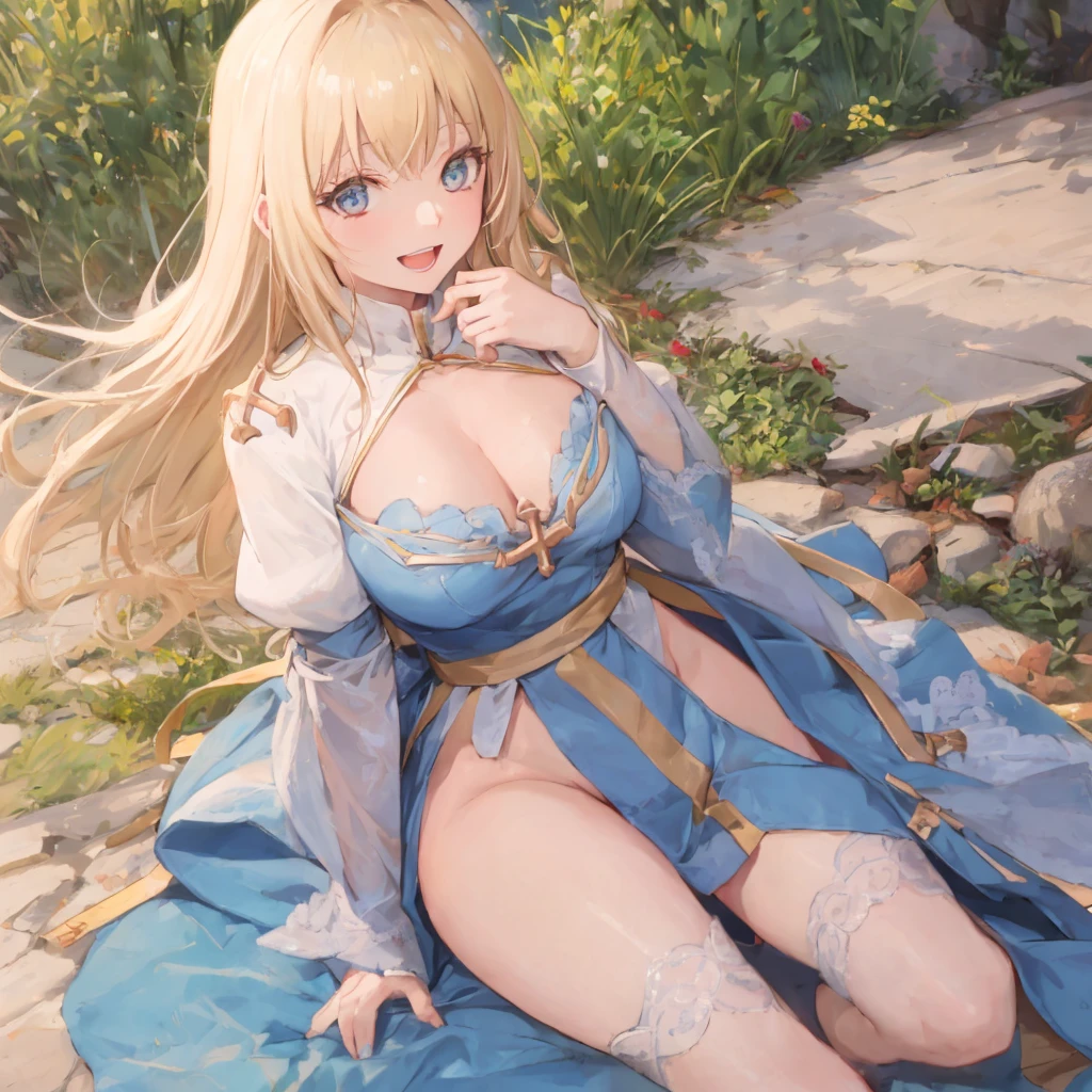 ((Highest quality、High resolution))、Portraiture、Beautiful woman、Perfect body、Beautiful and bountiful breasts、(tits、Nipples、Pussy、Love juice、No panties)、long blond、bangs、Blue and white、Embellished blue sexy dress、skirt、Sexually excited expression、(((Pussyを見せて誘惑してる、Beautiful woman opening her legs and inviting sex)))、Outdoor Scenery