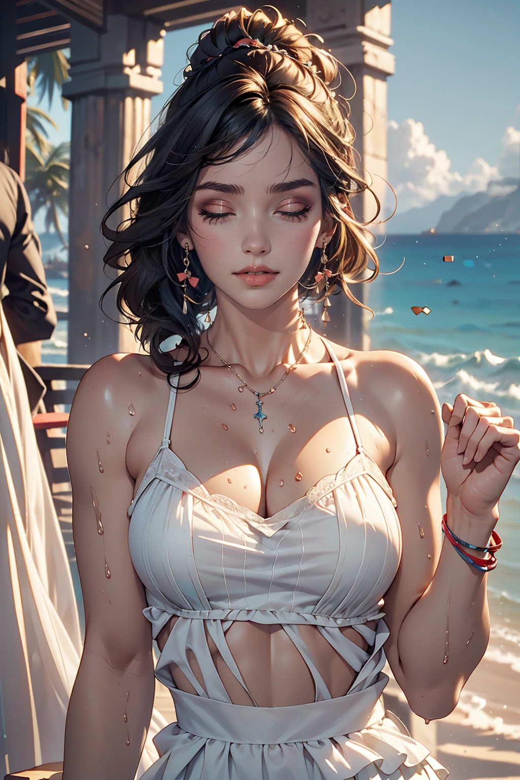 Hawaiian Wakiki Beach, Sleeveless dress, ((highest quality, 8k, masterpiece: 1.3))), Clear focus: 1.2, (Layered Cut, big: 1.2), Perfect body beauty: 1.4, Slim Abs: 1.2, Wet body: 1.5, Highly detailed face and skin texture, close your eyes, double eyelid, Messy hairstyle, Plain makeup,Sexy proportions、Narrow waist、smile