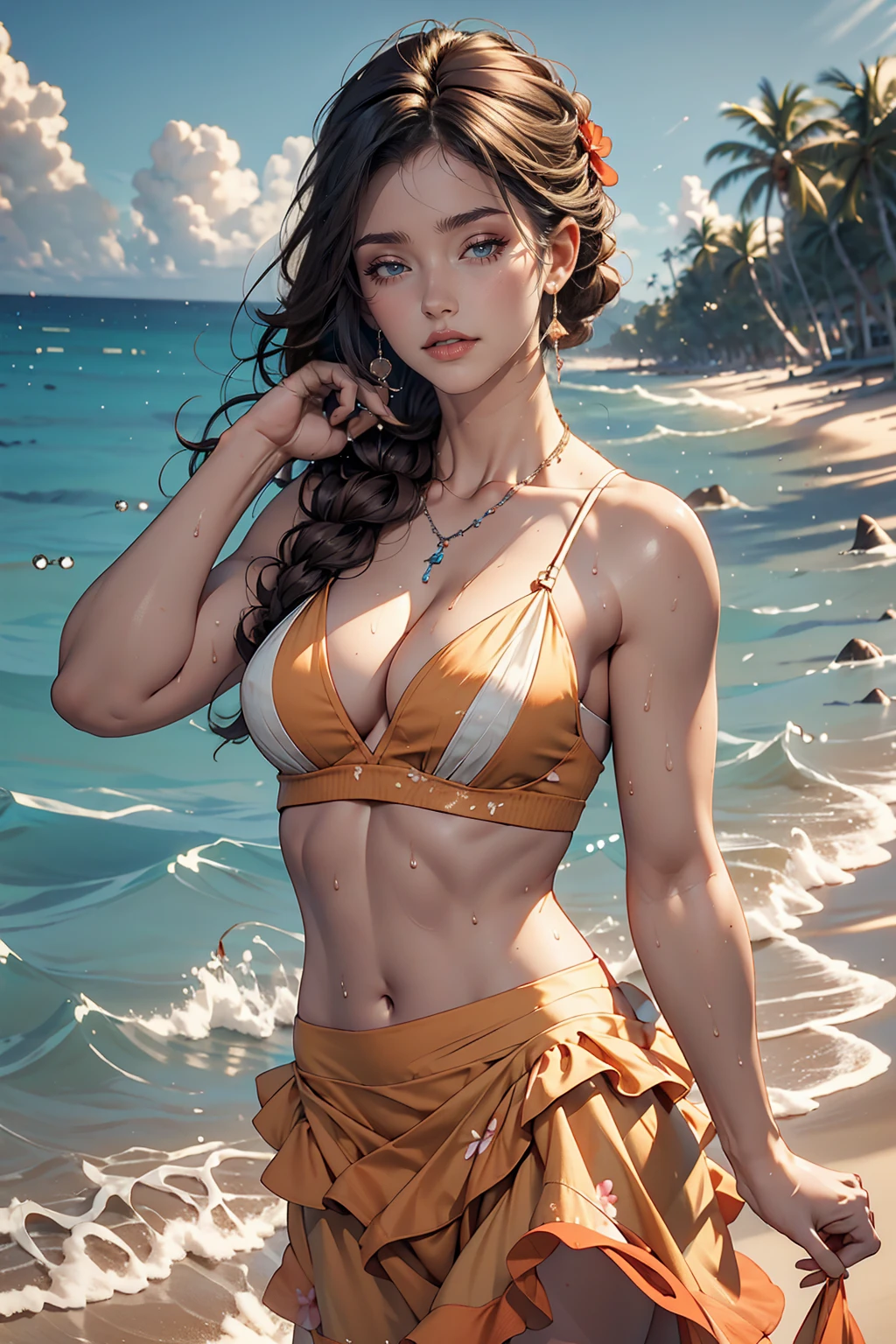 Hawaiian Wakiki Beach, Sleeveless dress, ((highest quality, 8k, masterpiece: 1.3))), Clear focus: 1.2, (Layered Cut, big: 1.2), Perfect body beauty: 1.4, Slim Abs: 1.2, Wet body: 1.5, Highly detailed face and skin texture, close your eyes, double eyelid, Messy hairstyle, Plain makeup,Sexy proportions、Narrow waist、smile