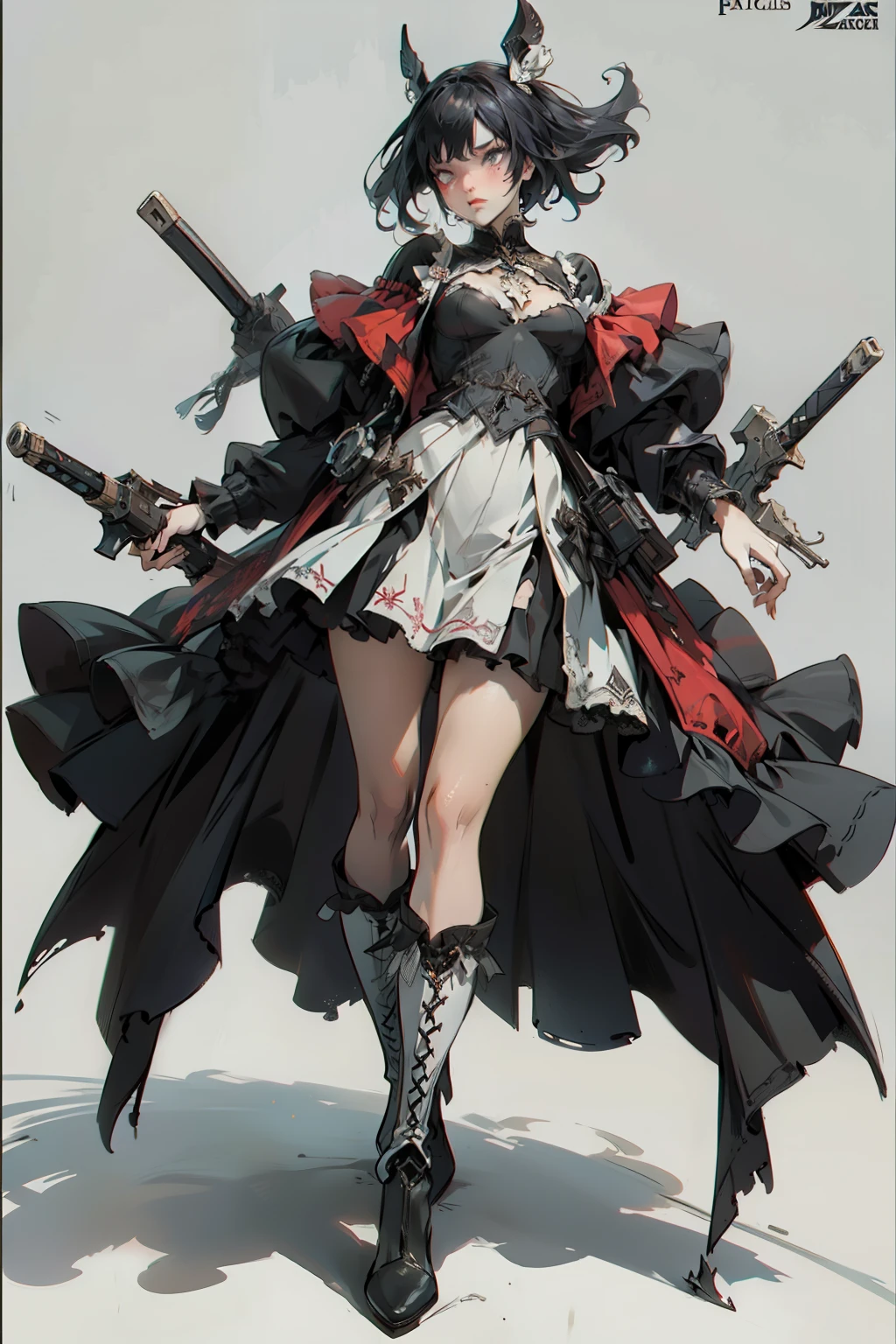 ((best quality)), ((masterpiece)), (detailed), blank white background, plain background, white background, red and white clothing, Bloodborne aesthetic, occult aesthetic, occult, occult paraphernalia, detailed and intricate steampunk and detailed gothic, NSFW, Very dramatic and cinematic lighting, cosmic horror, grim-dark, side-lighting, perfect face, NSFW, Fluttering lace flared dress with frilly petticoats, pleated petticoats, petticoats, complex lace boots, side-lighting, gothic aesthetic, wielding mighty mechanical melee weapons, mechanical components, carbine, NSFW, beautiful small breasts, small breasts, full body, whole body, body, plain background, white background, blank background, no background, white background NSFW, full body, whole body, head-to-toe dynamic poses NSFW
