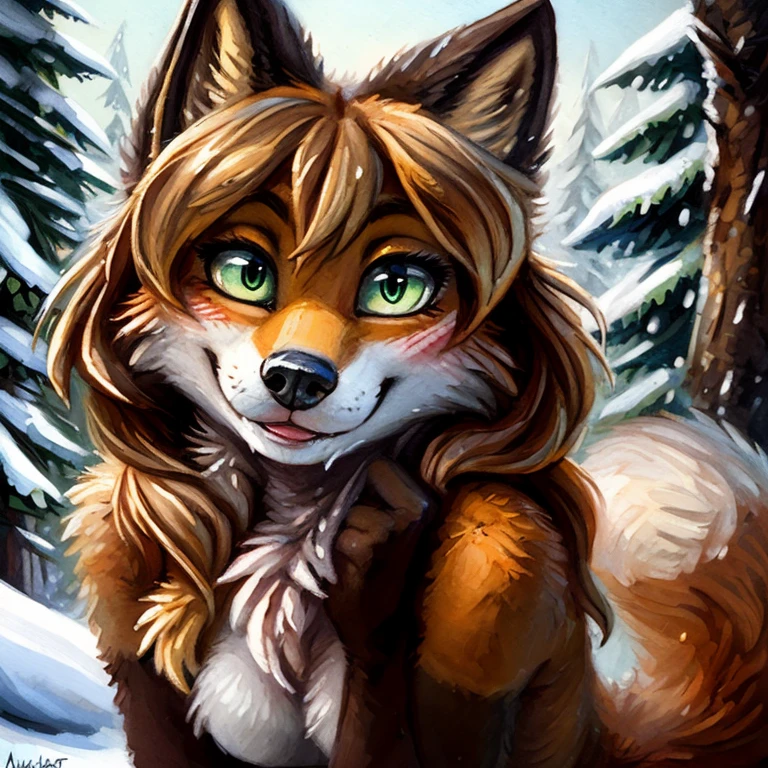 uploaded the e621, beautiful and detailed, woman (((female))) ((anthro)) Fox, (Averi, Fox girl), cinematic lighting, Fox, (anthro, fluffy fur), anthro fox girl, body fur, curvy, sexy, nice, cute, hot, comfortable anime-style cartoon-style, digital drawing, SFW, flat chest, chest fluff, blushing, green eyes, sassy, sassy hips, cute friendly smile, snow, forest, wet fur, heart, hearts, speech bubble, looking at viewer, close up, hugging viewer, petting, nuzzling viewer, by Kenket