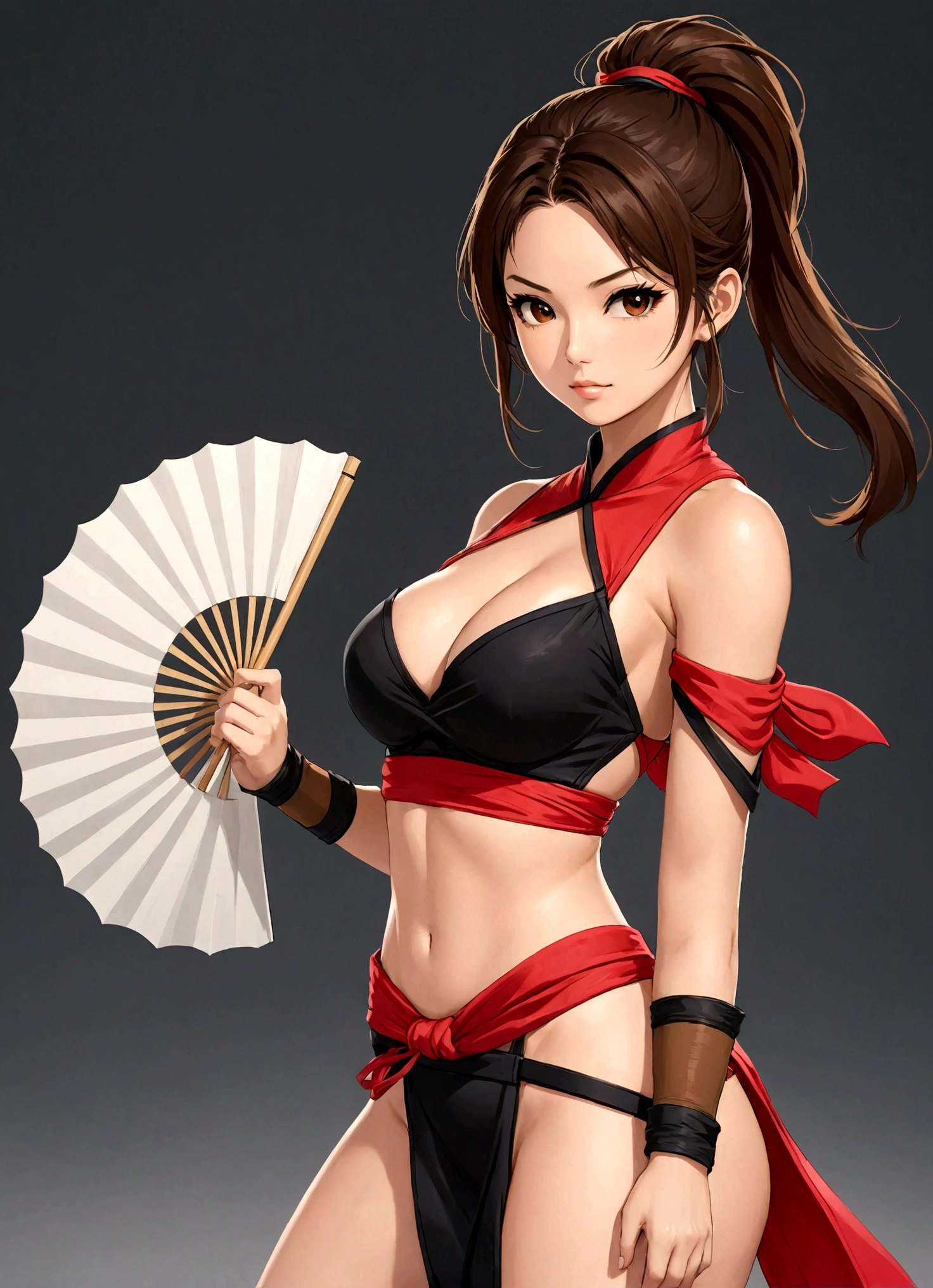 1girl，Red sexy ninja clothes，Handheld fan，Bare shoulders，breast，Brown eyes，Brown hair，Hand fan，High Ponytail，大breast，Ponytail，Reveal Clothes，shiranui mai，solo，Standing