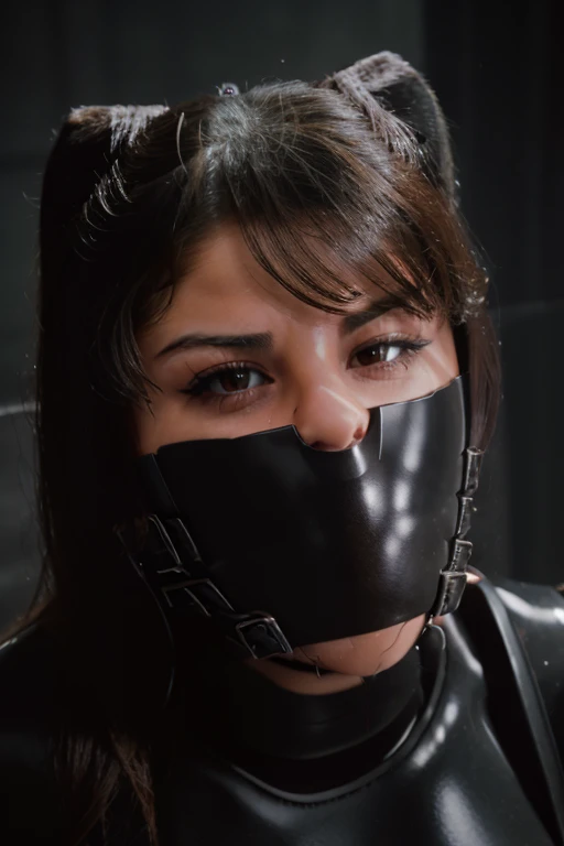 (Selena Gomez, bdsm, bondage, muzzle covering mouth, drool dripping, drool dangling, breathplay), 8k, realistic, drooling, pleading eyes, dripping wet, waiting to be tortured, cleavage, muzzle harness, drool all over face, drool all over breasts, breath control, muzzled, sweating, exact likeness 